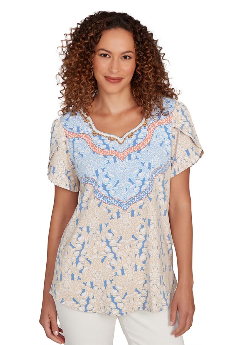 Womens Embellished Scallop Printed T-Shirt