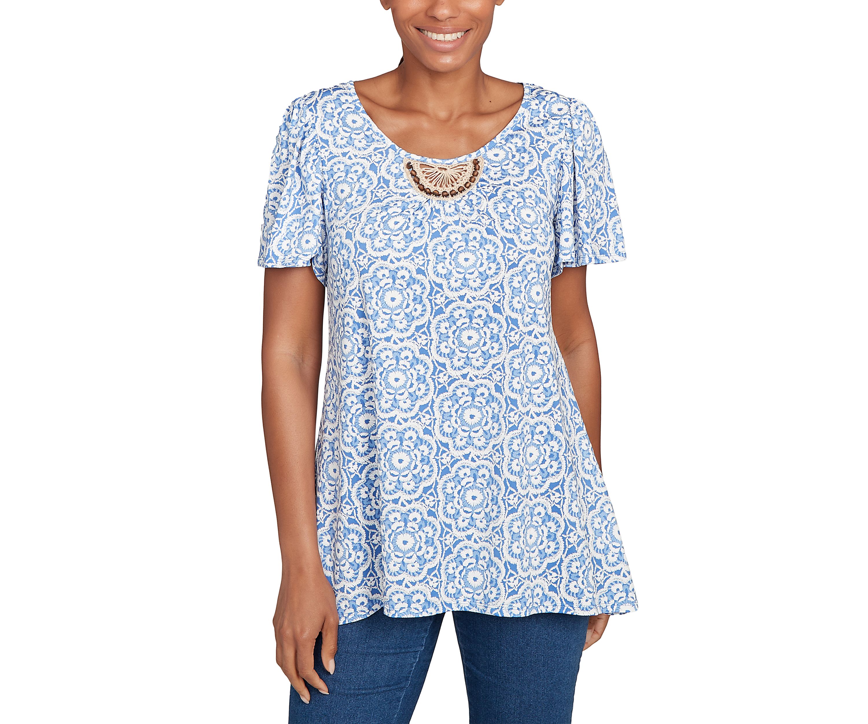 Womens Beaded Macrame Puff Print Top