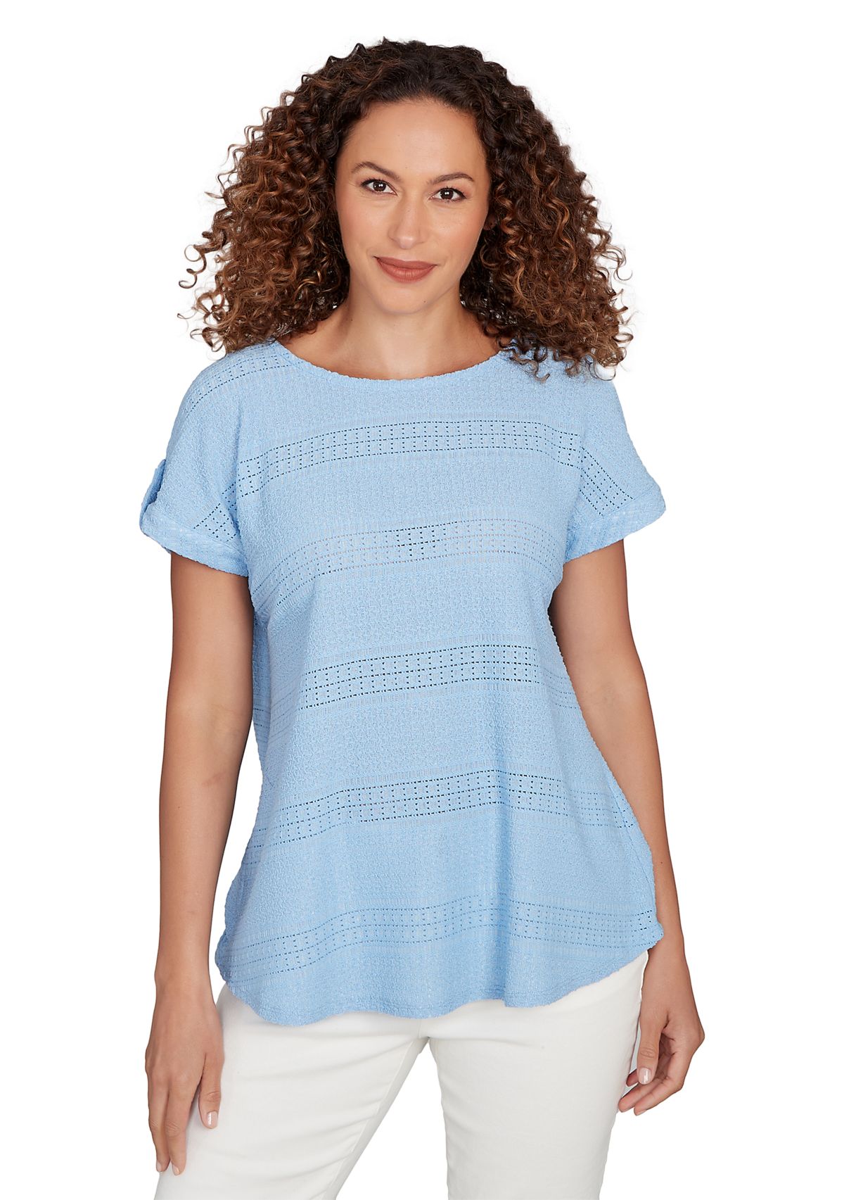 Womens Crochet Texture Button Sleeve T-Shirt