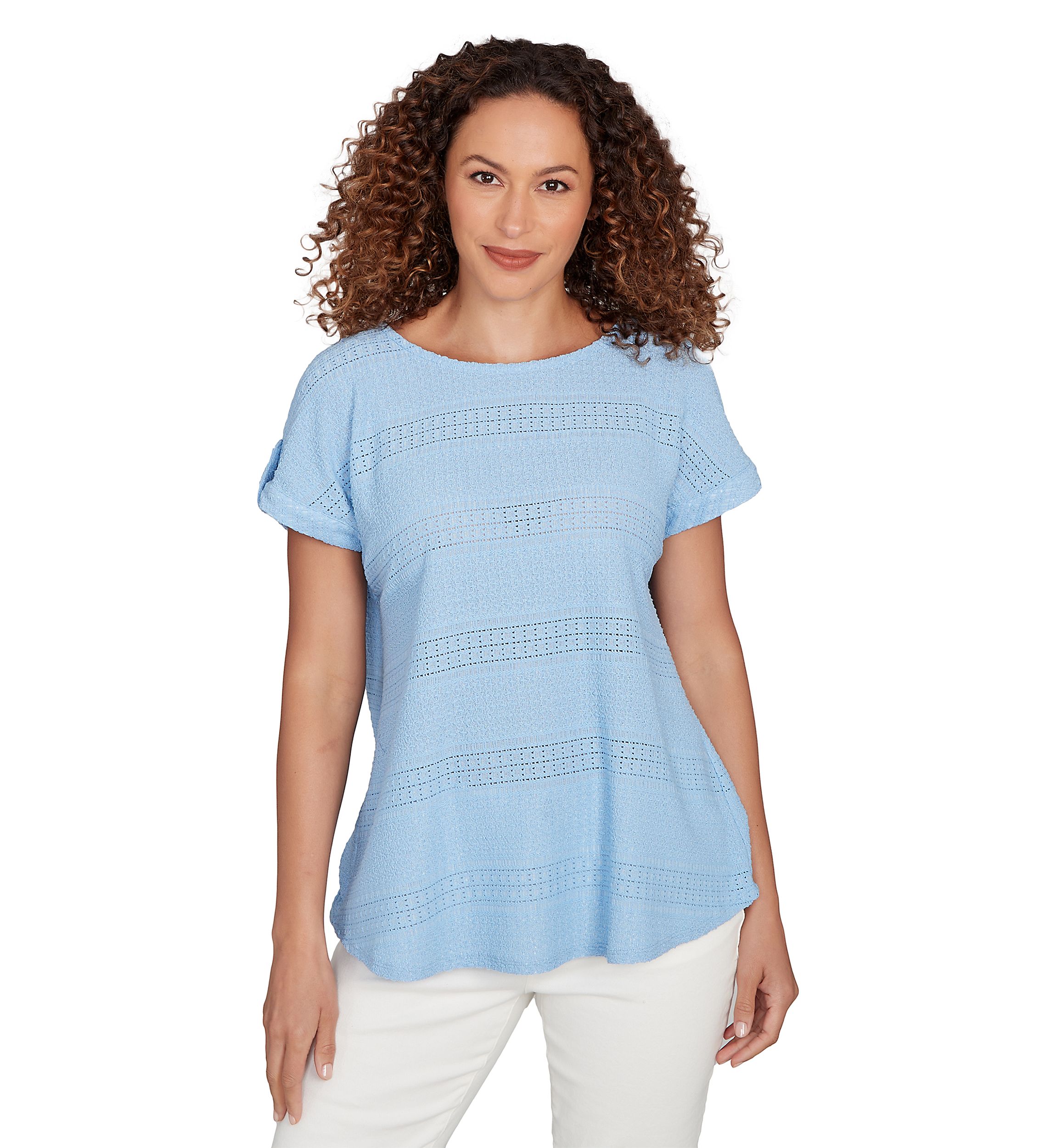 Womens Crochet Texture Button Sleeve T-Shirt