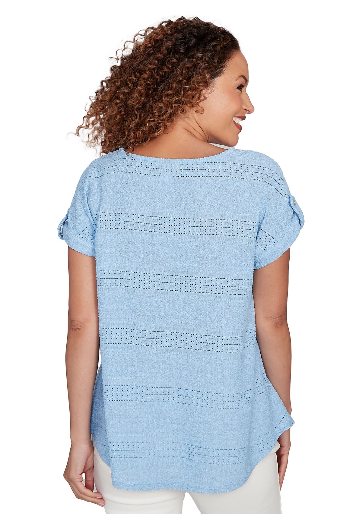 Womens Crochet Texture Button Sleeve T-Shirt