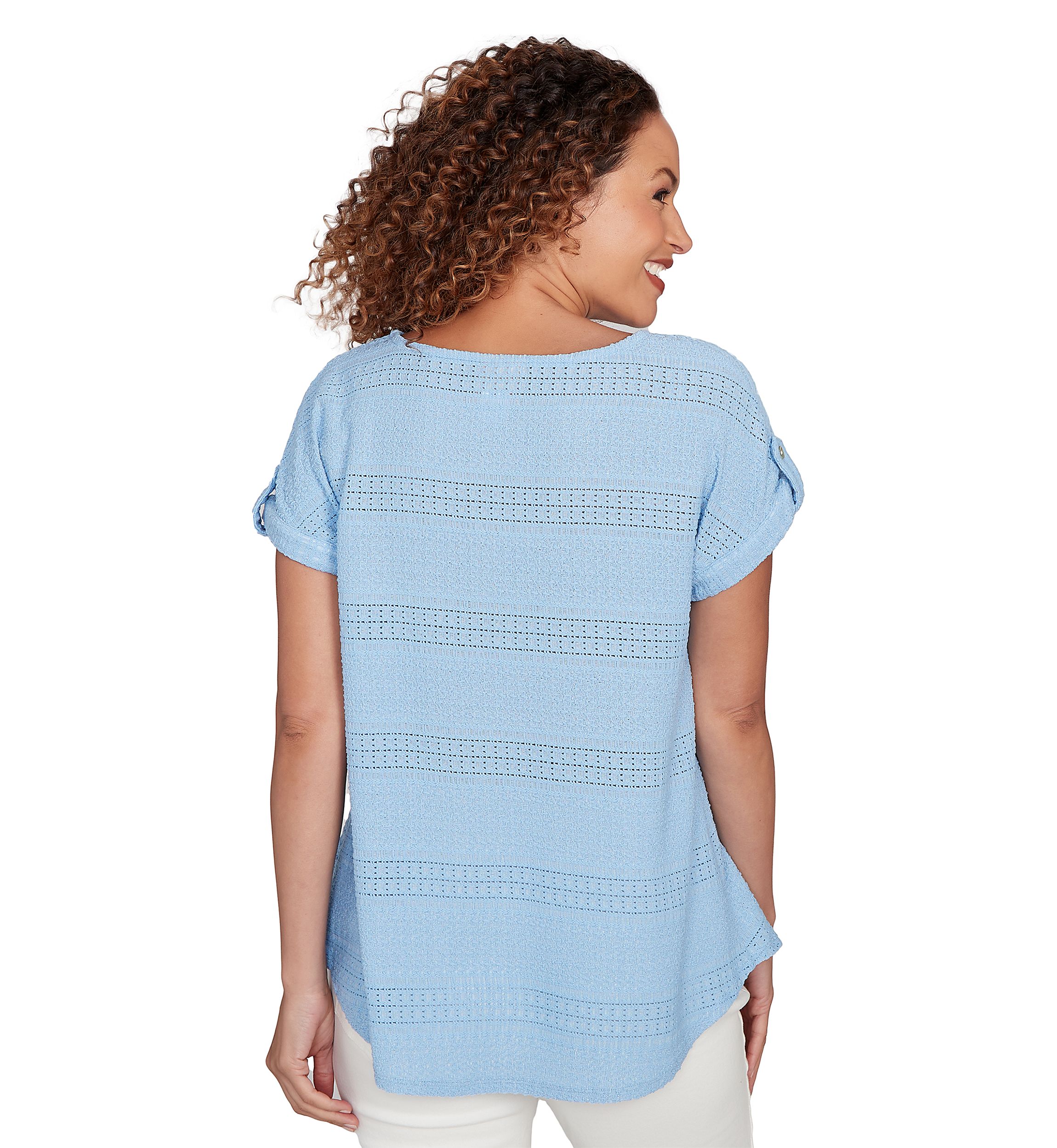 Womens Crochet Texture Button Sleeve T-Shirt