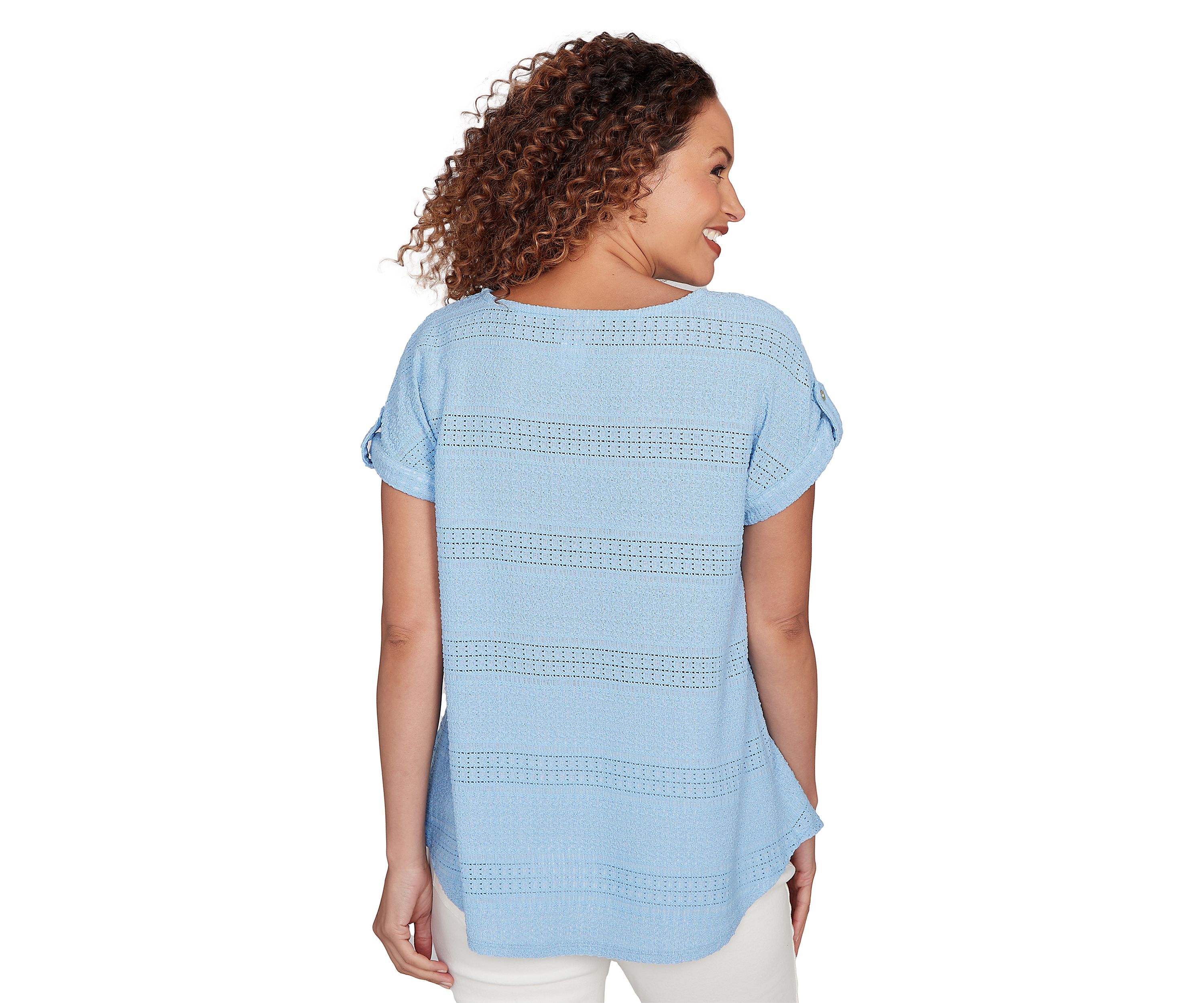 Womens Crochet Texture Button Sleeve T-Shirt