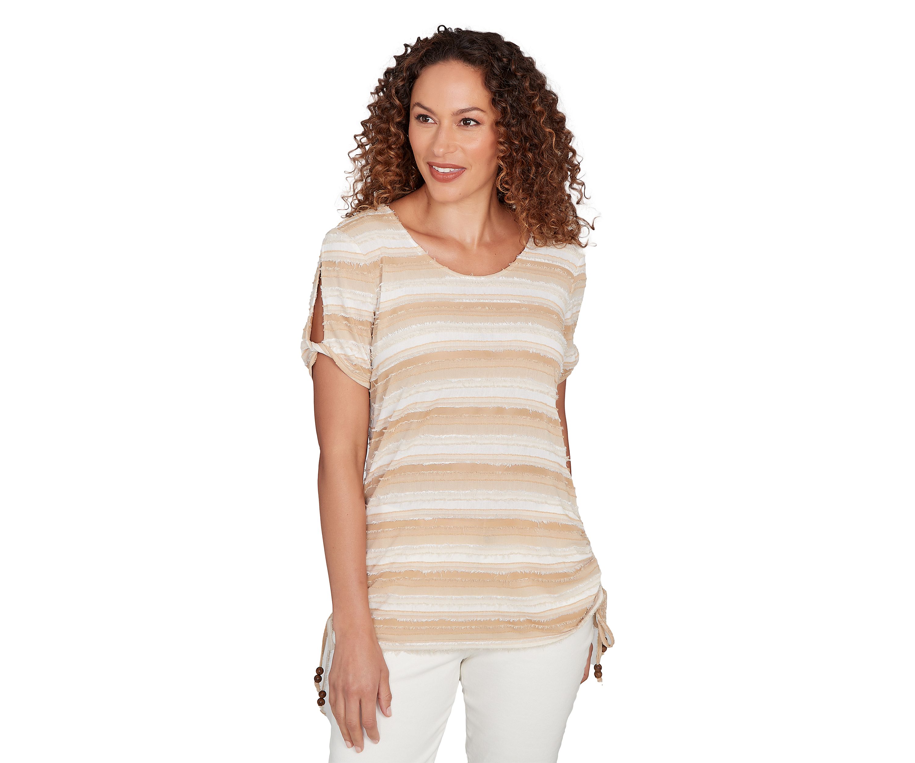 Womens Textured Stripe Cold Shoulder Top