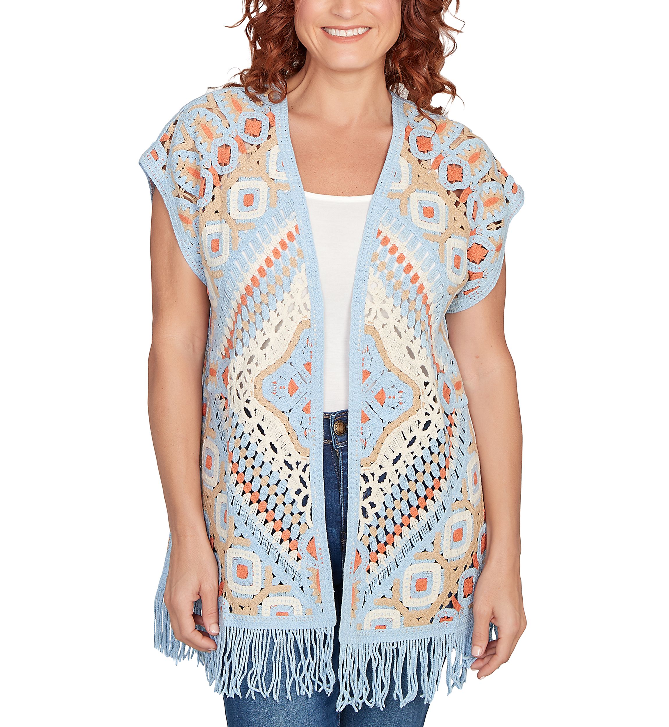 Womens Crochet Fringe Short Sleeve Cardigan