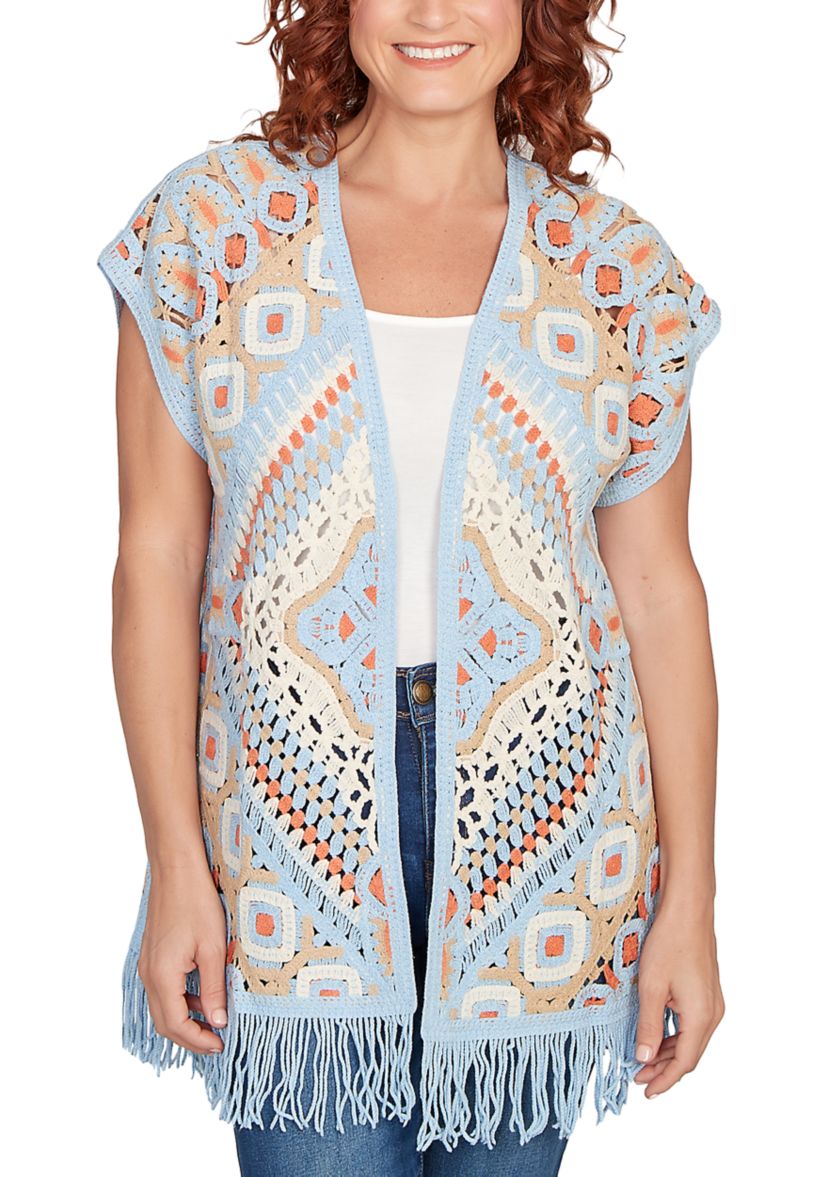 Womens Crochet Fringe Short Sleeve Cardigan