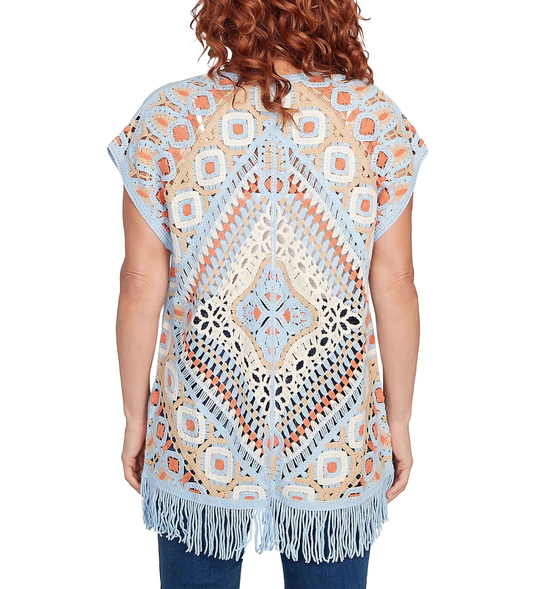 Womens Crochet Fringe Short Sleeve Cardigan