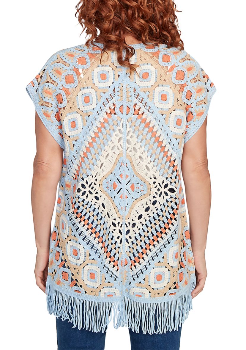 Womens Crochet Fringe Short Sleeve Cardigan