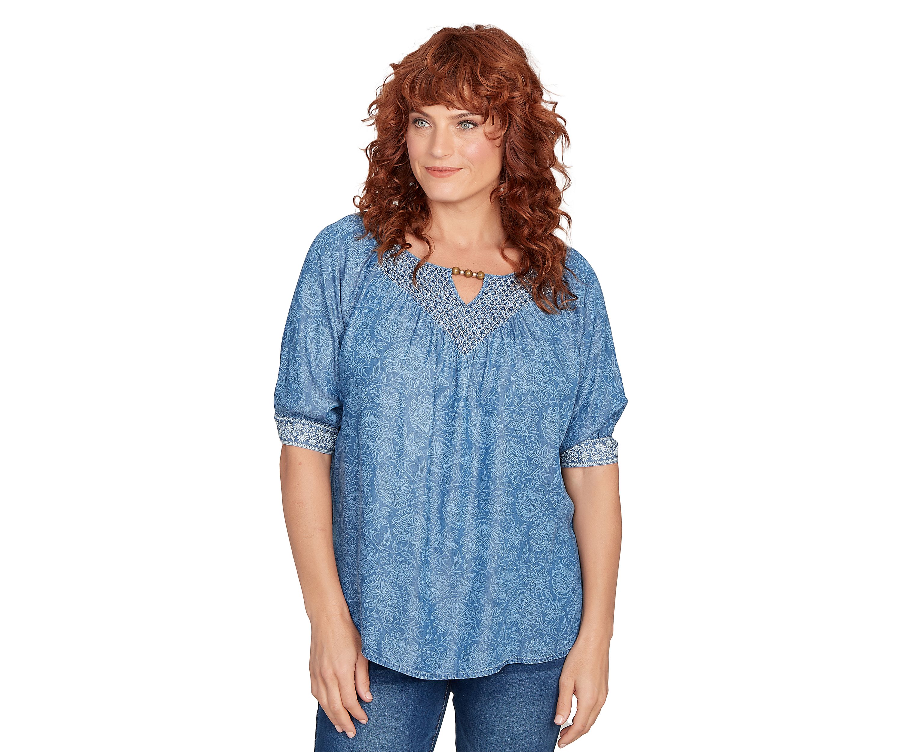 Plus Size Floral Border Super Soft Embellished T-Shirt