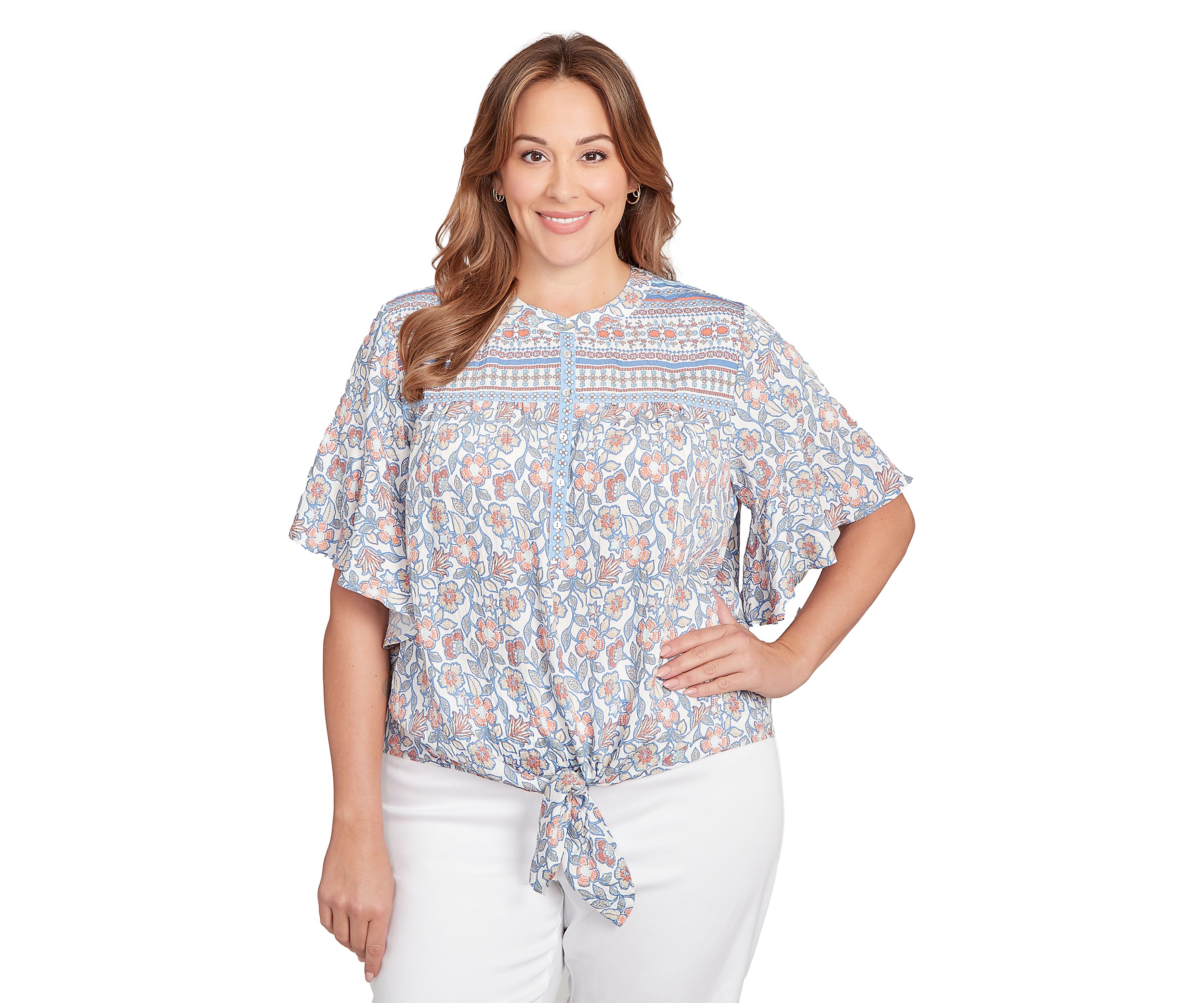 Plus Size Vintage Floral Tie Front Henley T-Shirt