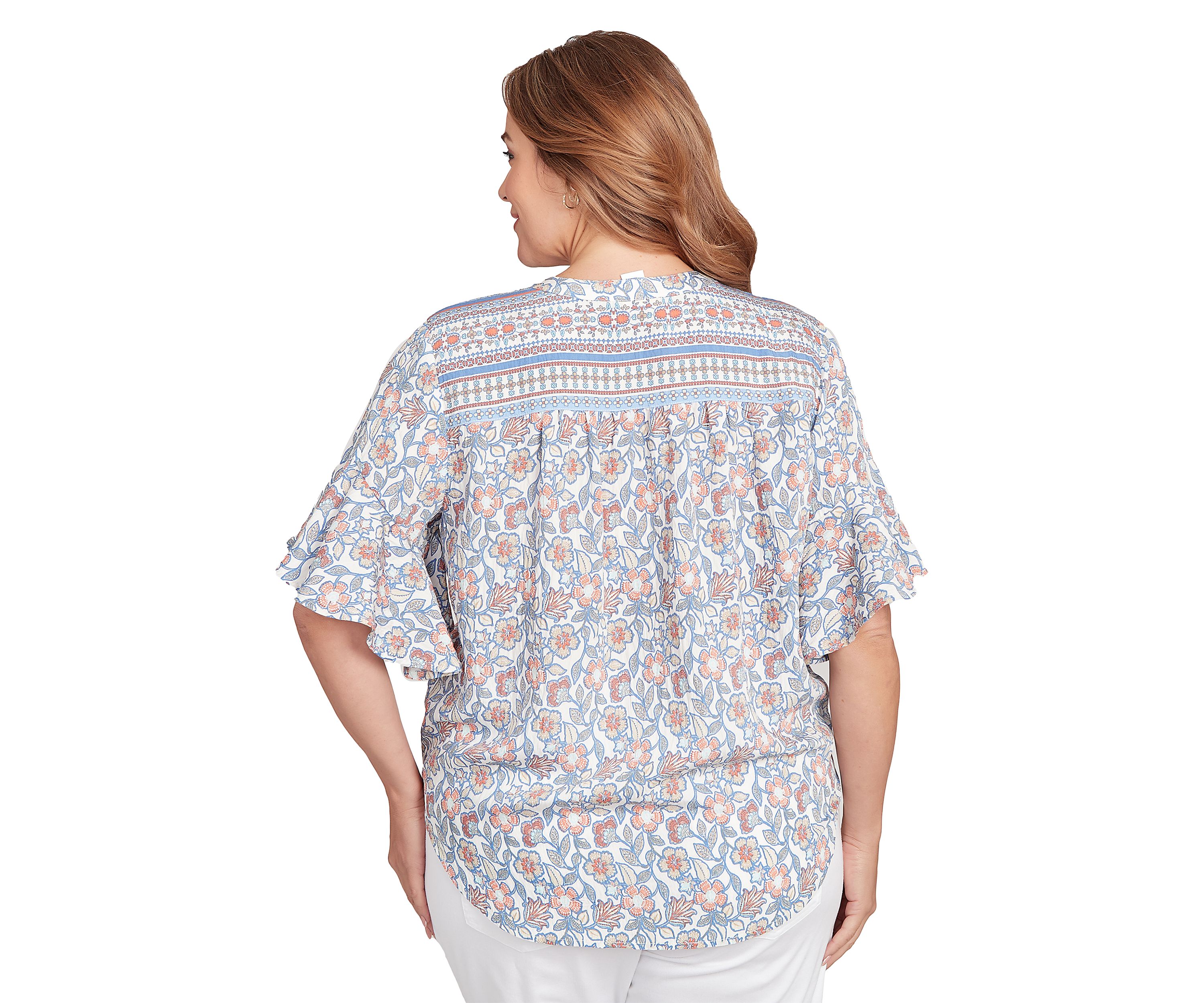 Plus Size Vintage Floral Tie Front Henley T-Shirt