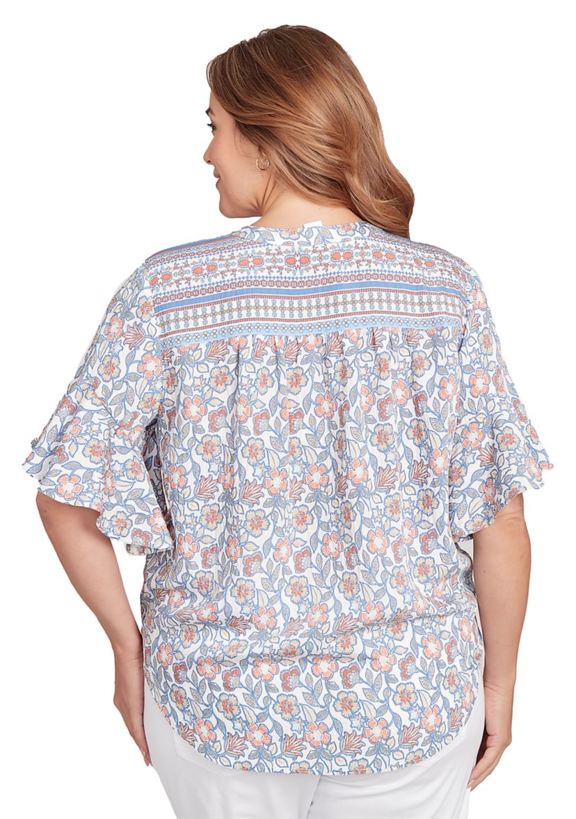 Plus Size Vintage Floral Tie Front Henley T-Shirt
