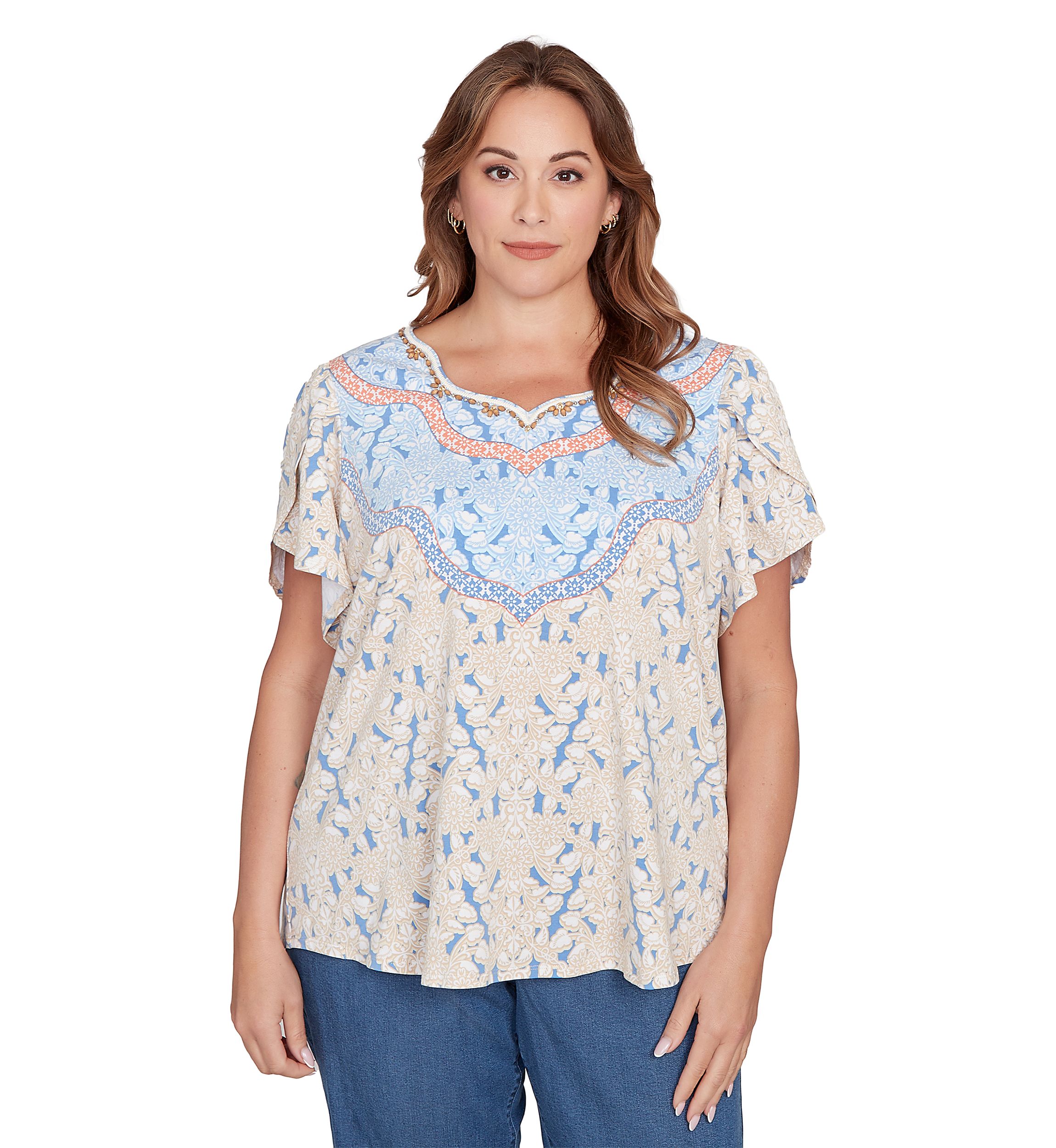 Plus Size Embellished Scallop Printed T-Shirt