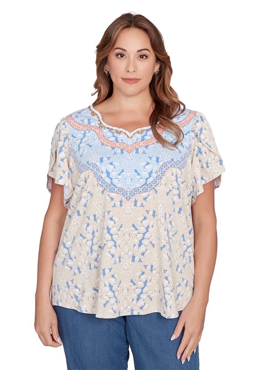 Plus Size Embellished Scallop Printed T-Shirt