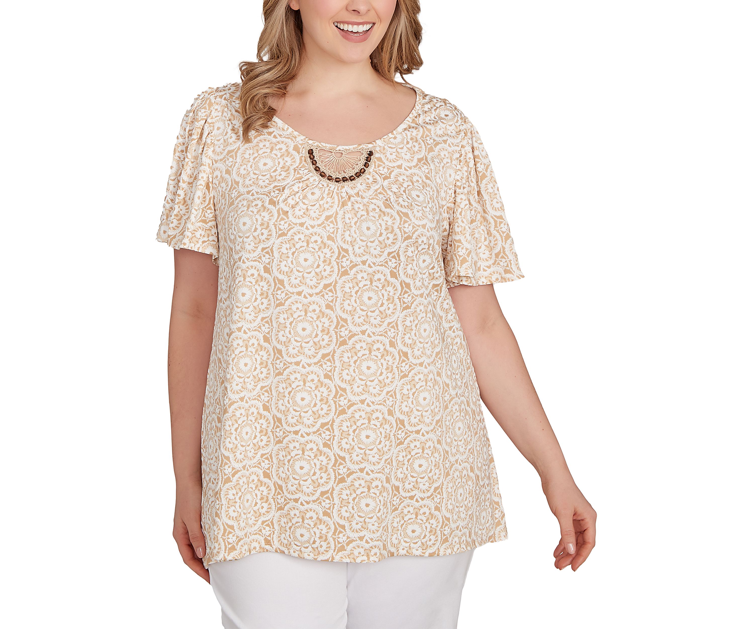 Plus Size Beaded Macramé Puff Print Top