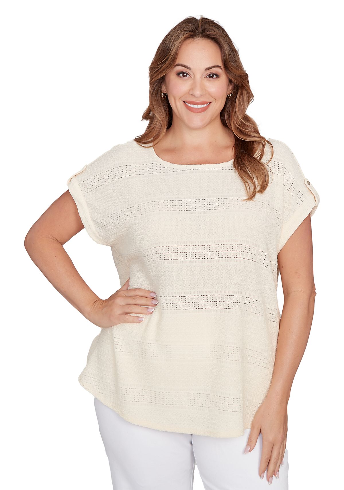 Plus Size Crochet Texture Button Sleeve T-Shirt