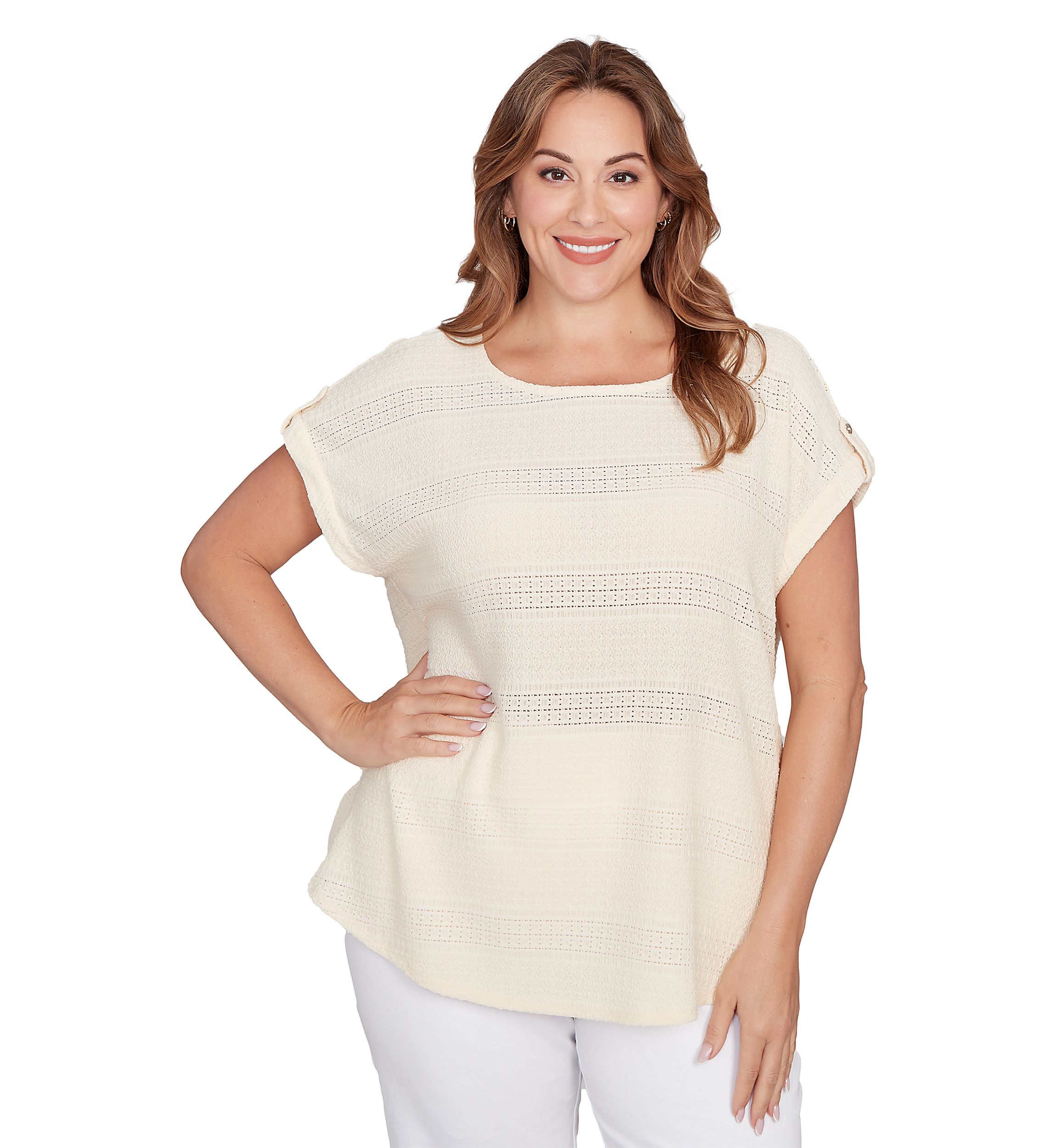 Plus Size Crochet Texture Button Sleeve T-Shirt