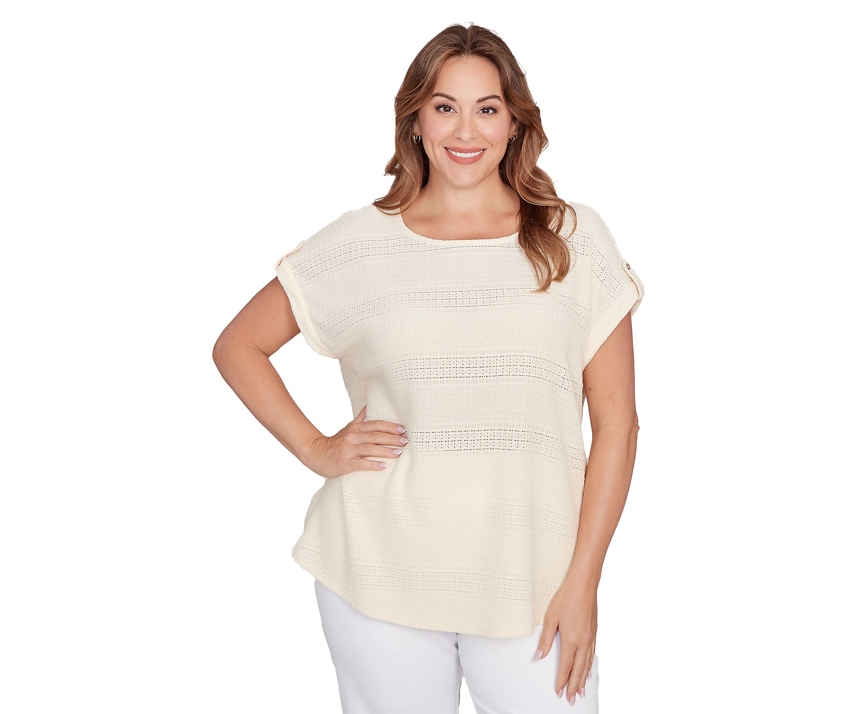 Plus Size Crochet Texture Button Sleeve T-Shirt