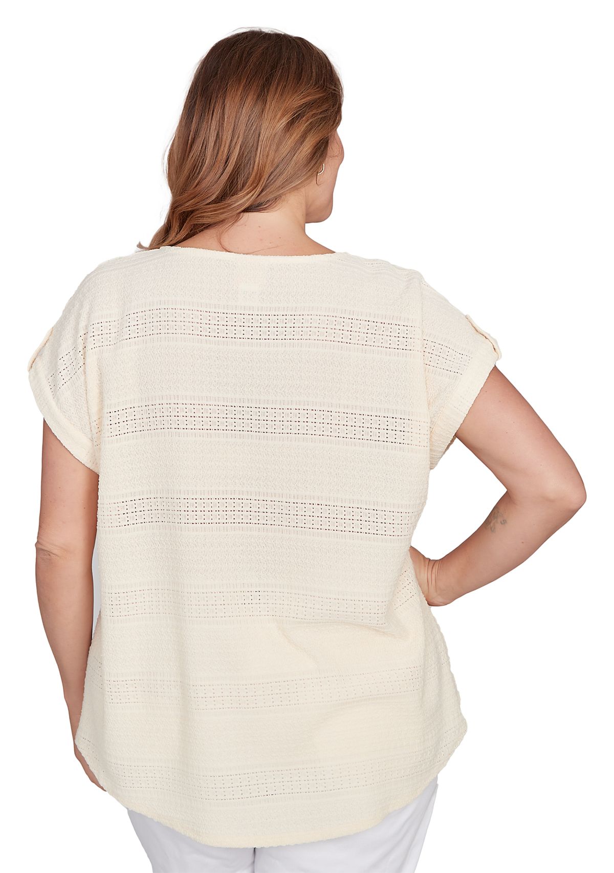 Plus Size Crochet Texture Button Sleeve T-Shirt