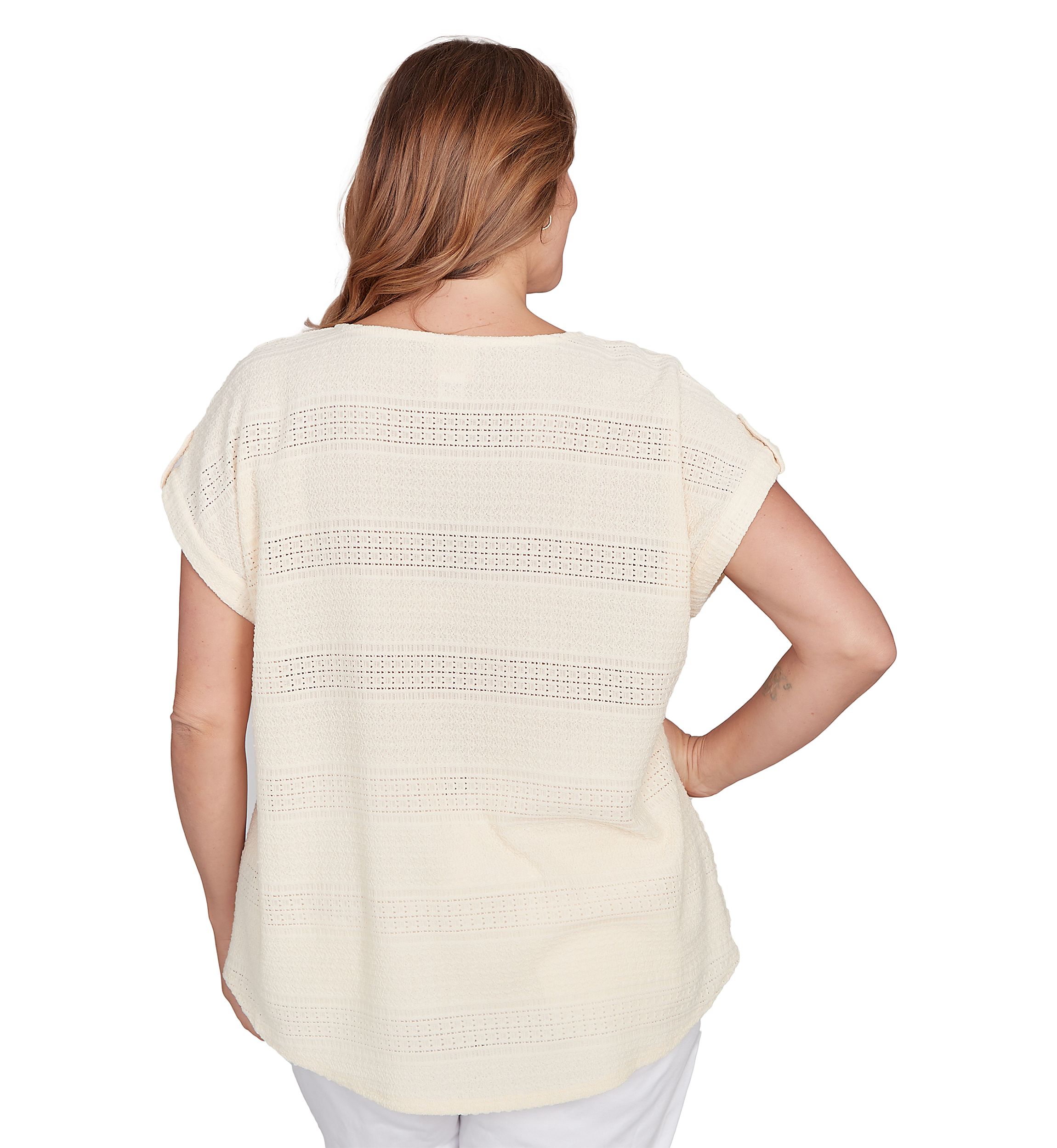 Plus Size Crochet Texture Button Sleeve T-Shirt