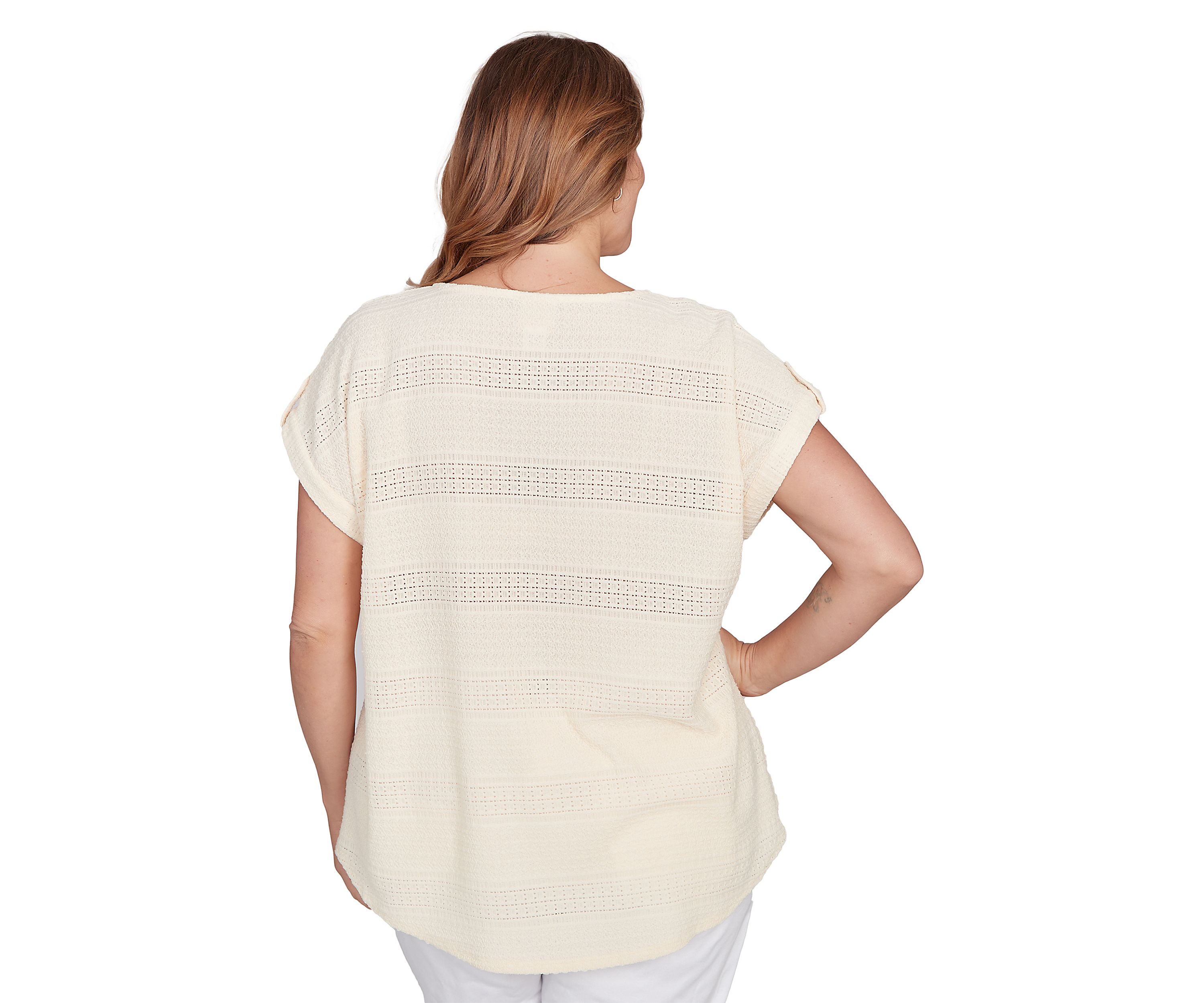 Plus Size Crochet Texture Button Sleeve T-Shirt