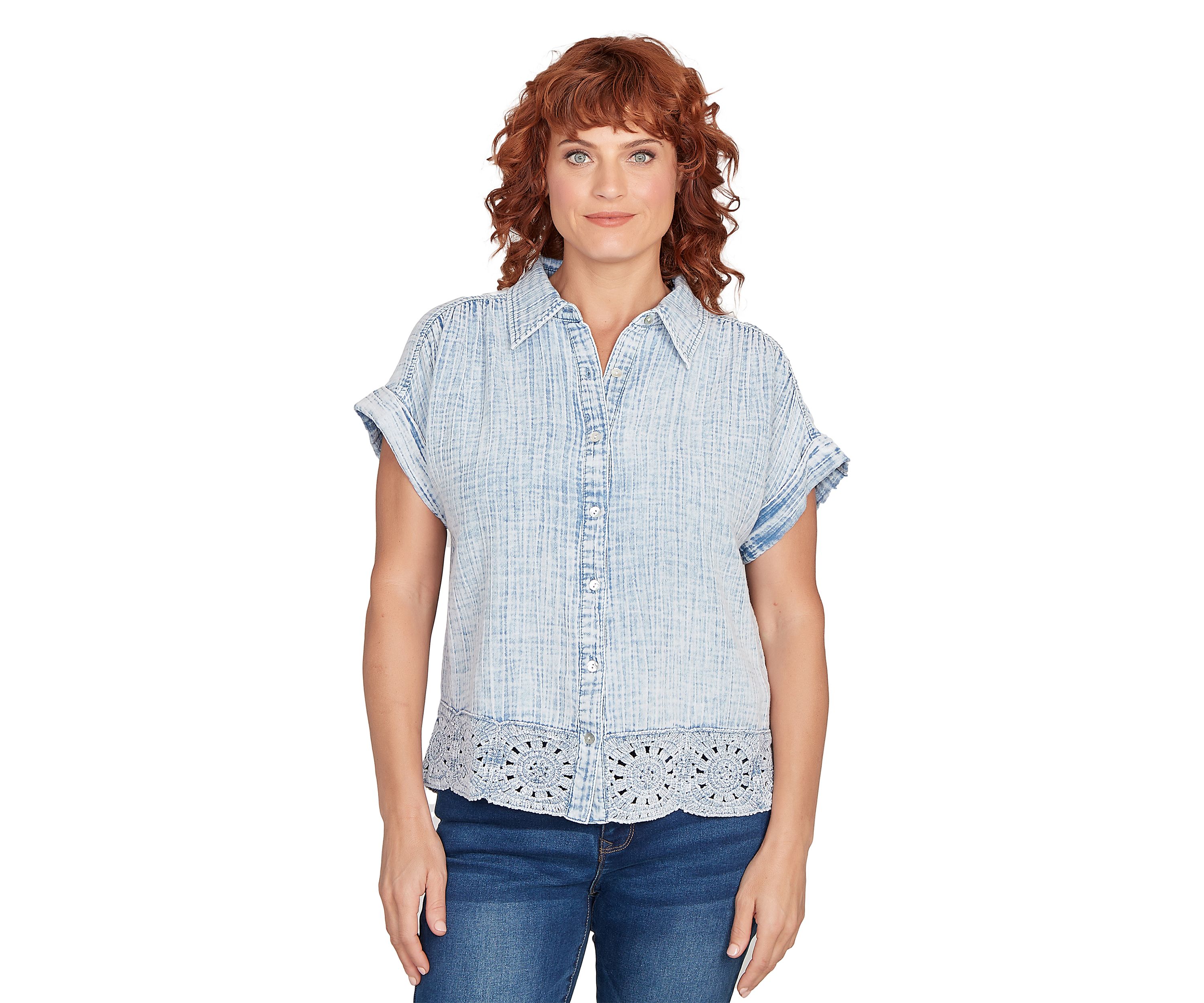 Petite Snow Washed Crochet Hem Collared T-Shirt