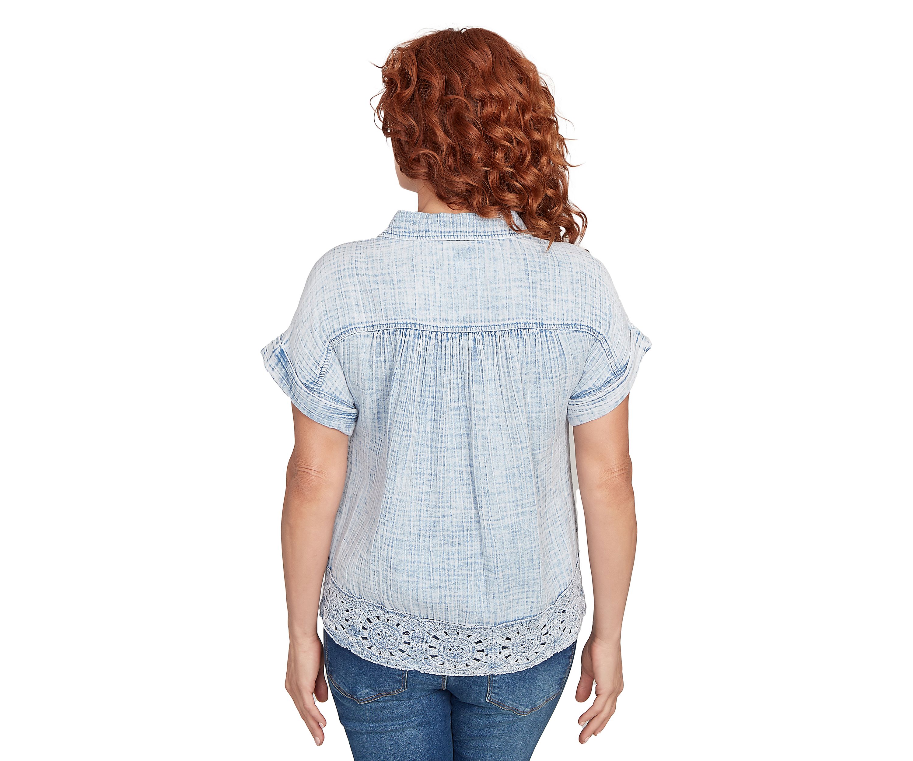 Petite Snow Washed Crochet Hem Collared T-Shirt