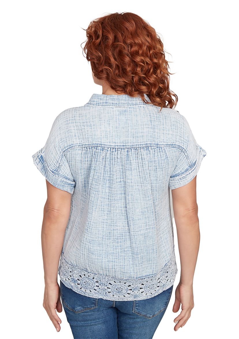 Petite Snow Washed Crochet Hem Collared T-Shirt