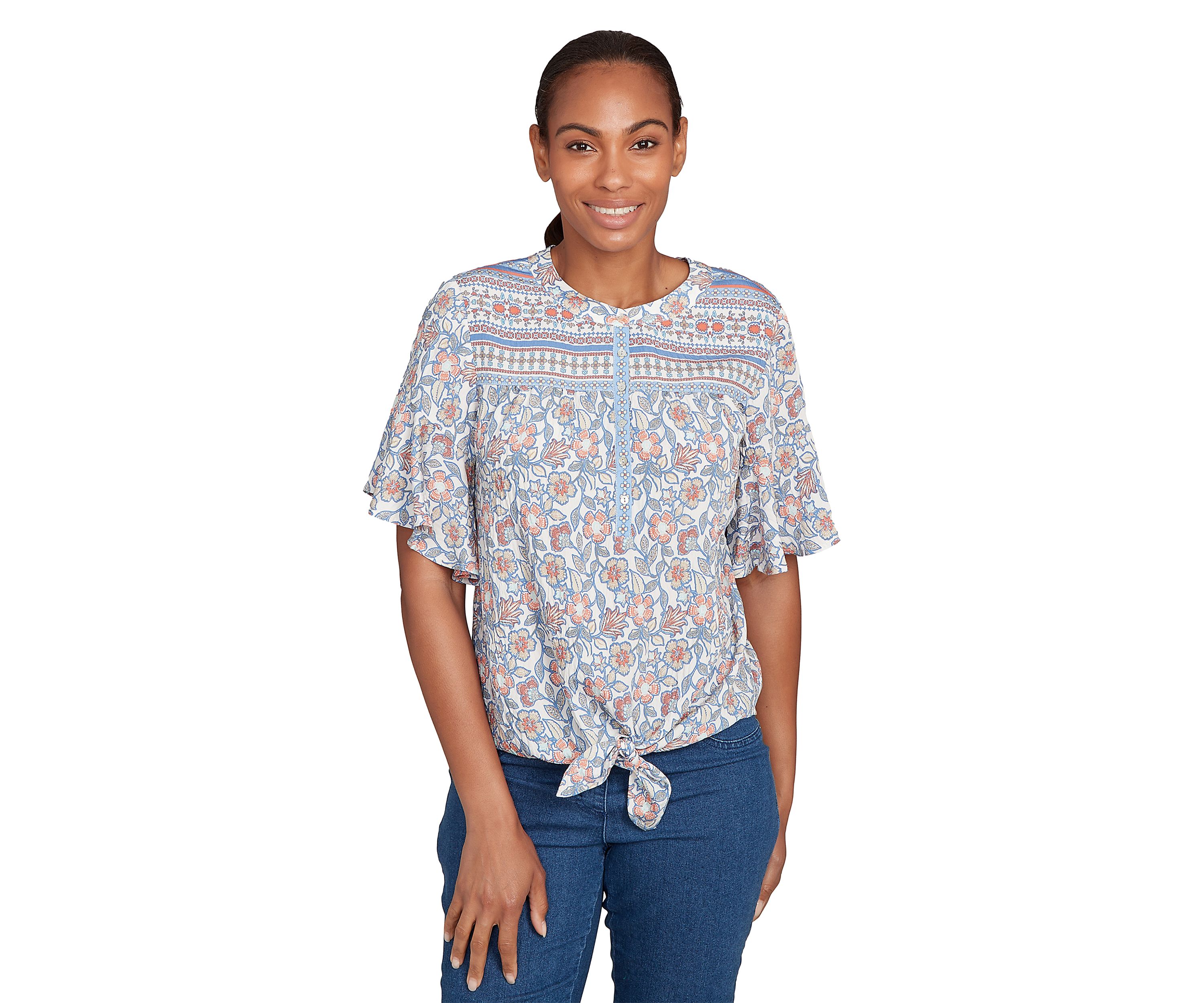 Petite Vintage Floral Tie Front Henley T-Shirt