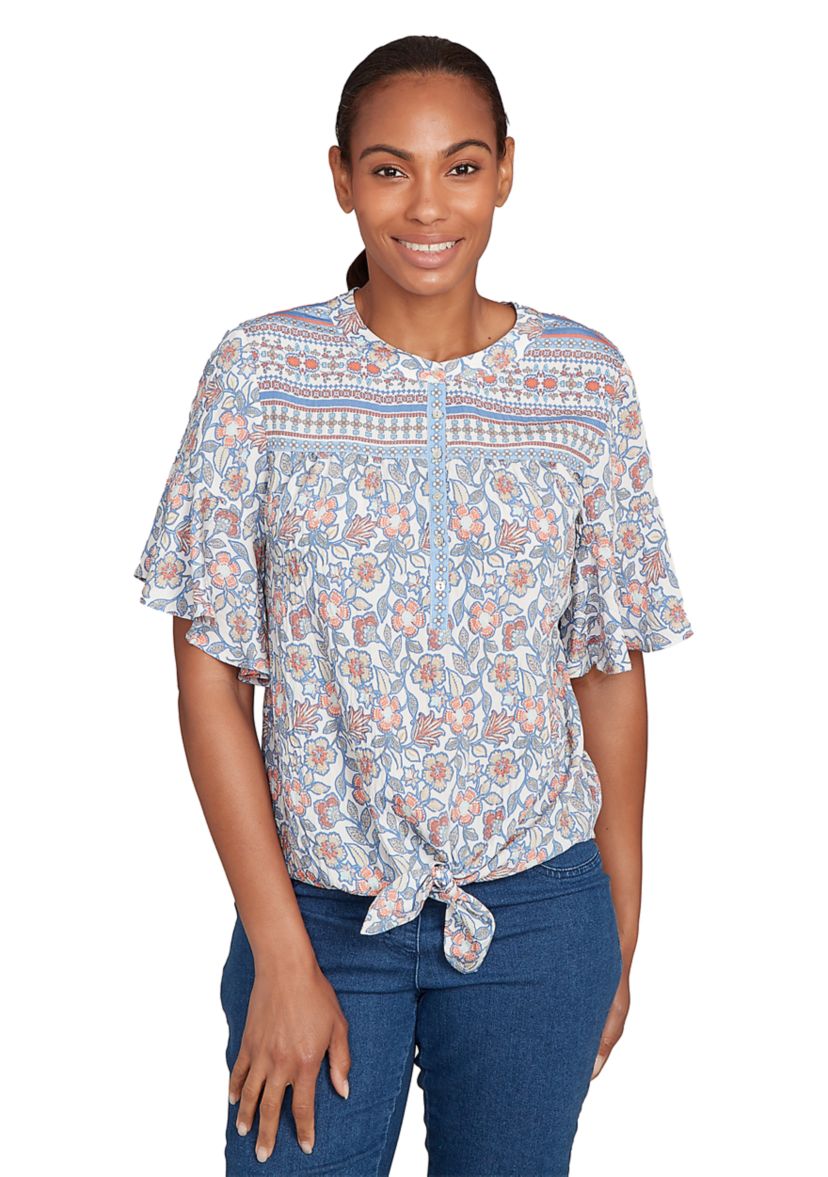 Petite Vintage Floral Tie Front Henley T-Shirt