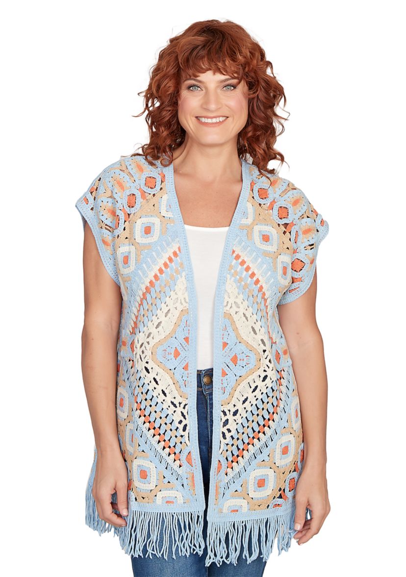 Petite Crochet Fringe Short Sleeve Cardigan