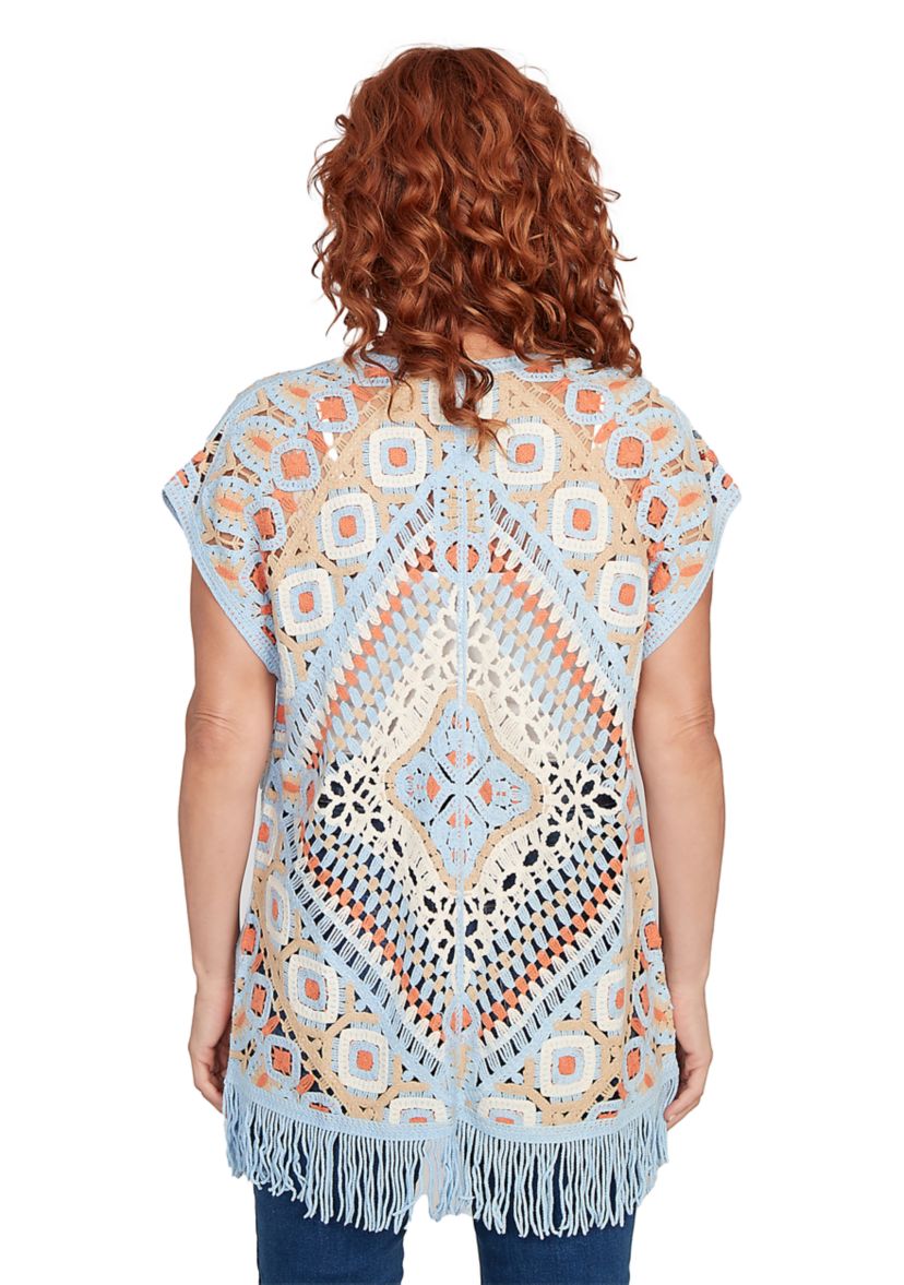 Petite Crochet Fringe Short Sleeve Cardigan