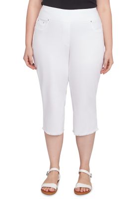 Ruby Rd Women's Soft Denim Pull On Fringe Capri Pants, White, 16W Short -  0197177351629