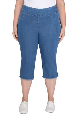 Ruby Rd Women's Soft Denim Pull On Fringe Capri Pants, 16W Short -  0197177351575