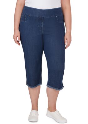 Ruby Rd Women's Soft Denim Pull On Fringe Capri Pants, 16W Short -  0197177351520