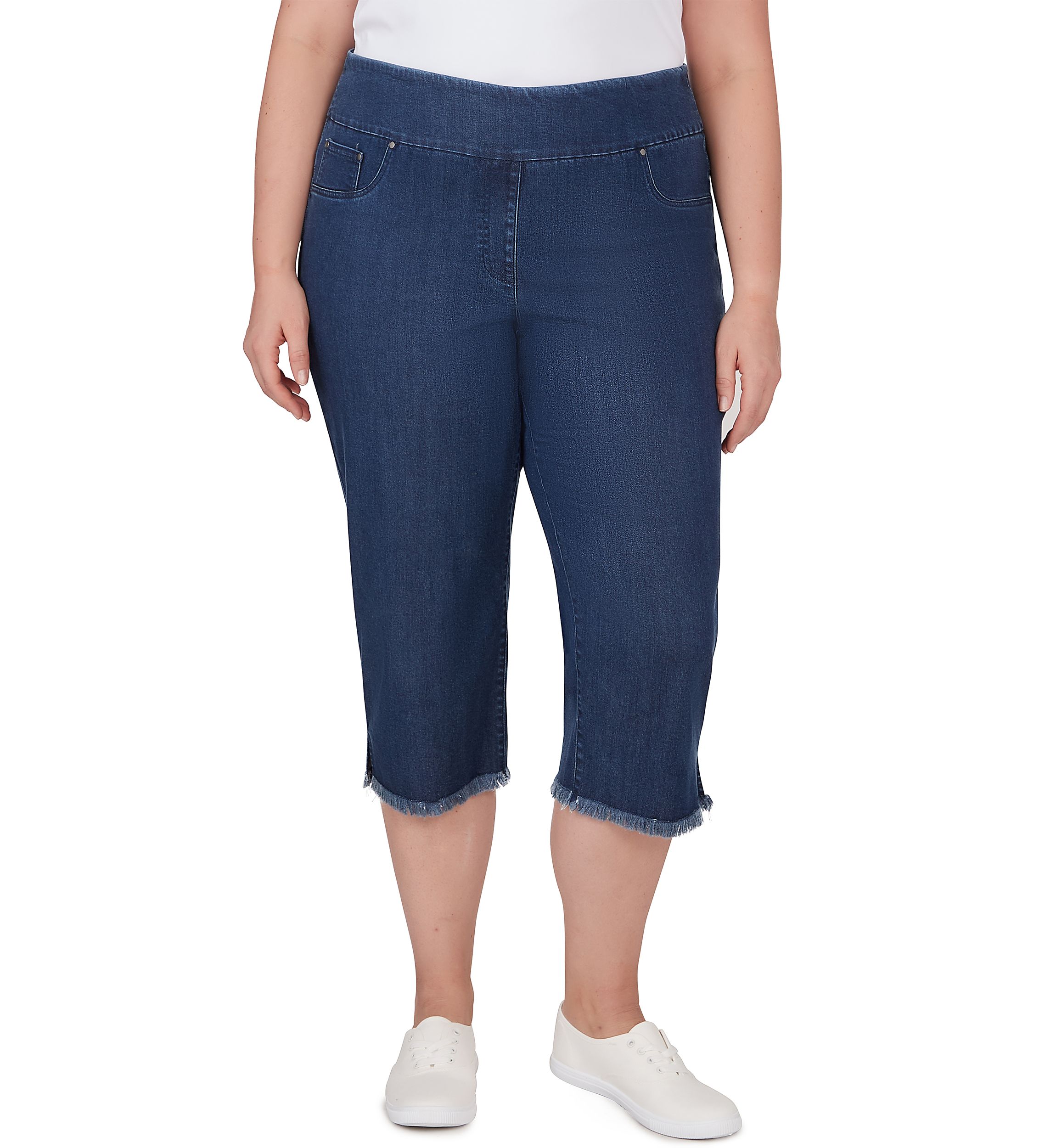 Womens Soft Denim Pull On Fringe Capri Pants