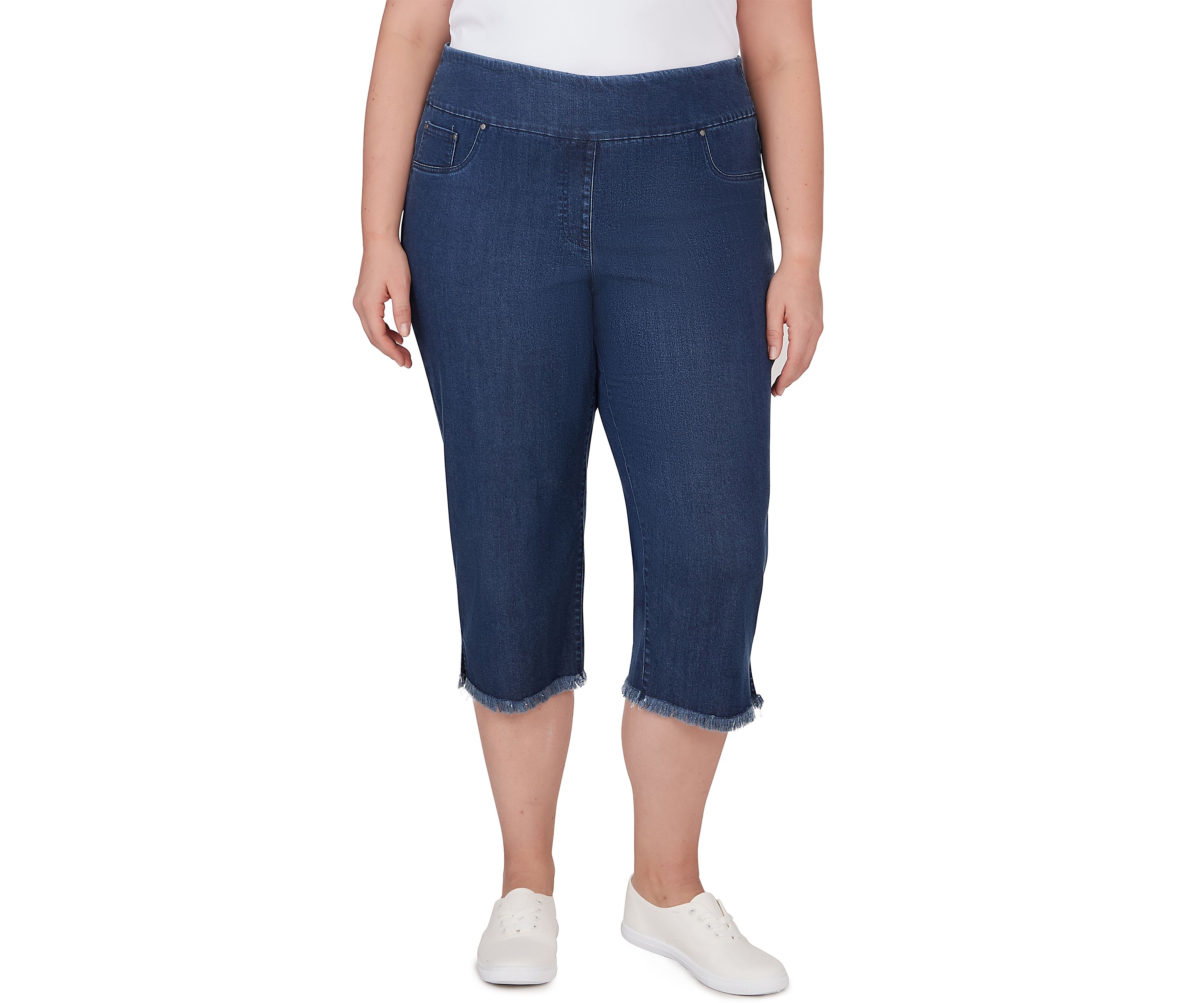 Womens Soft Denim Pull On Fringe Capri Pants