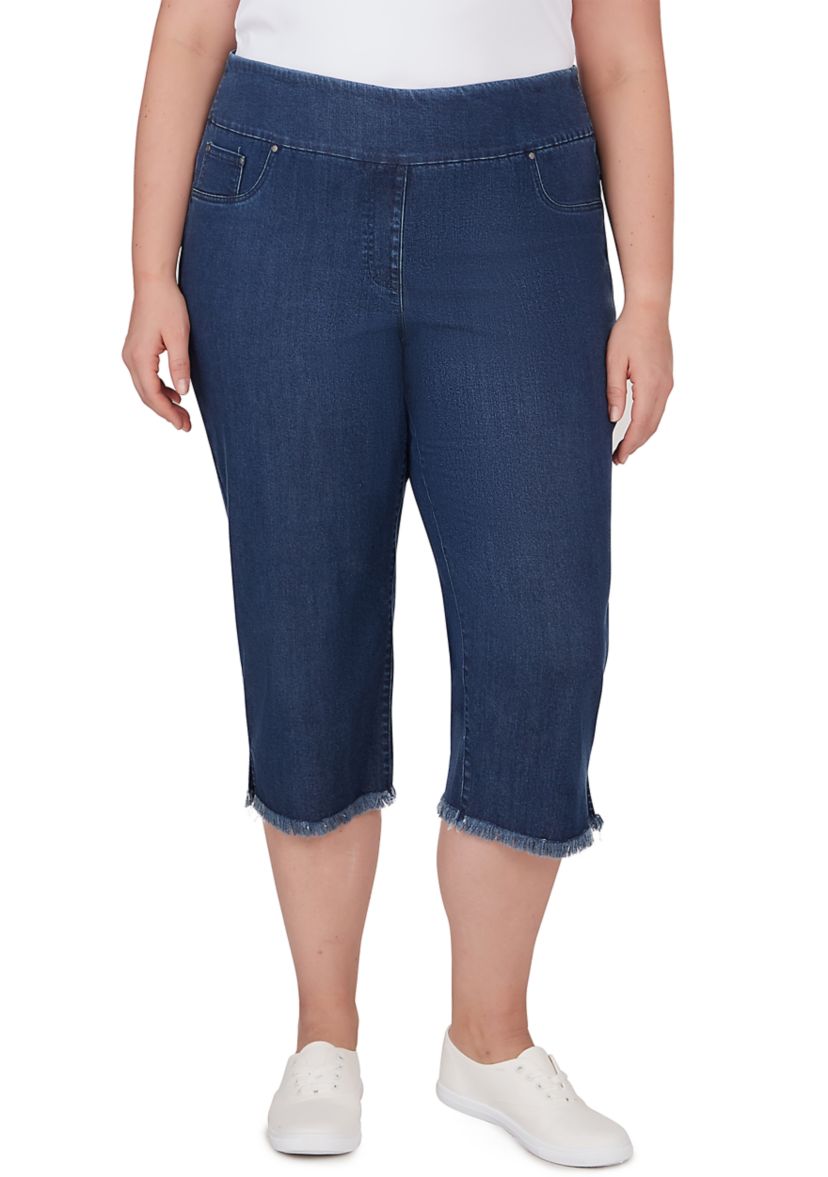 Womens Soft Denim Pull On Fringe Capri Pants