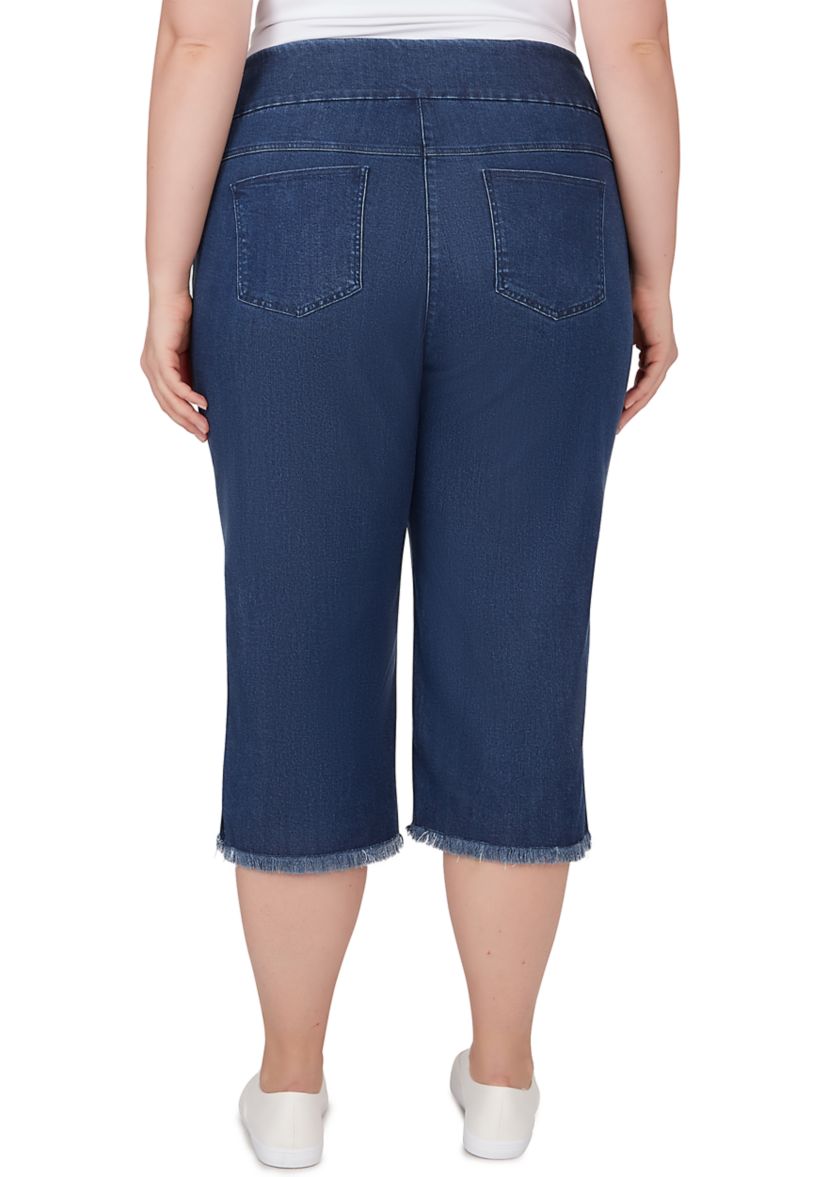 Womens Soft Denim Pull On Fringe Capri Pants