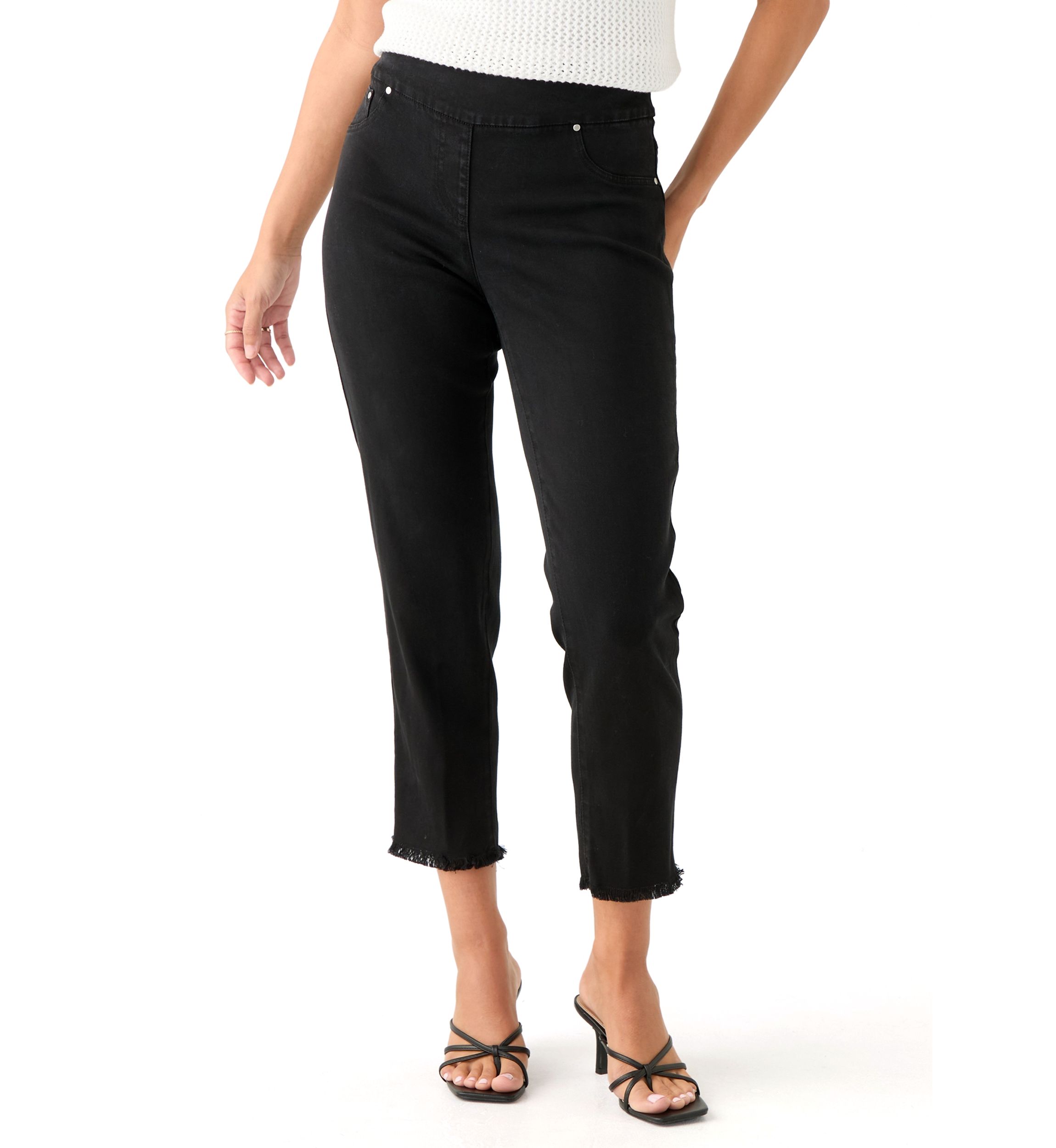 Petite Pull On Denim Pants with Fringe 