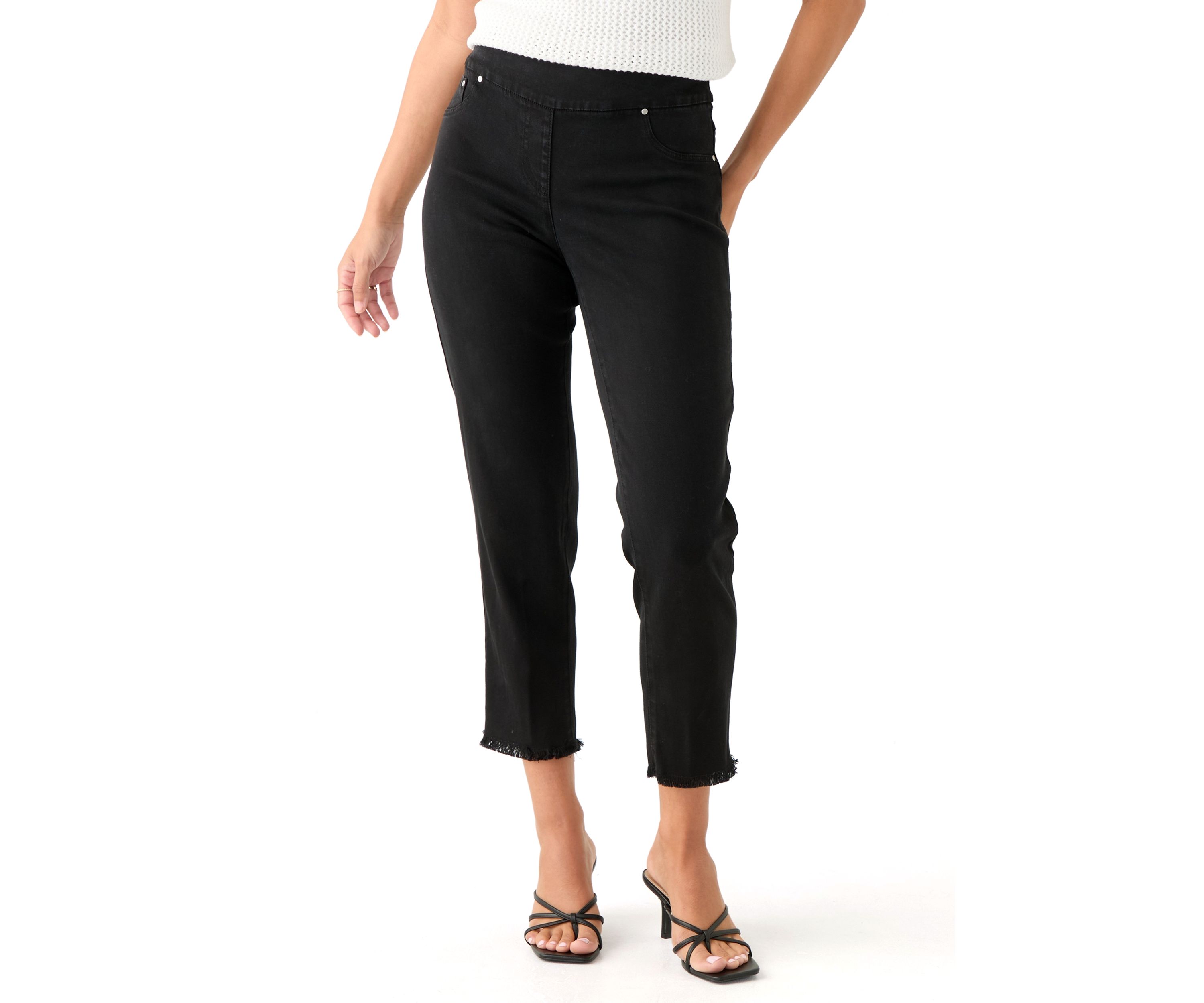 Petite Pull On Denim Pants with Fringe 