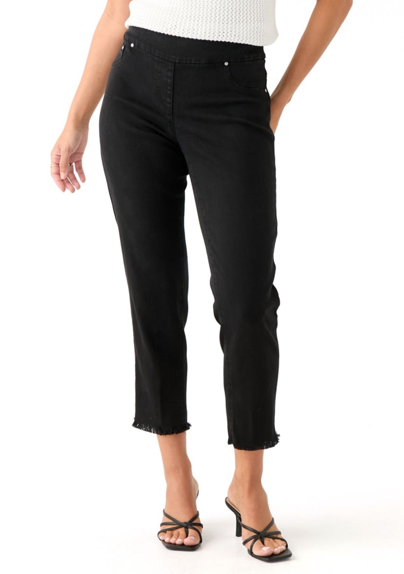 Petite Pull On Denim Pants with Fringe 