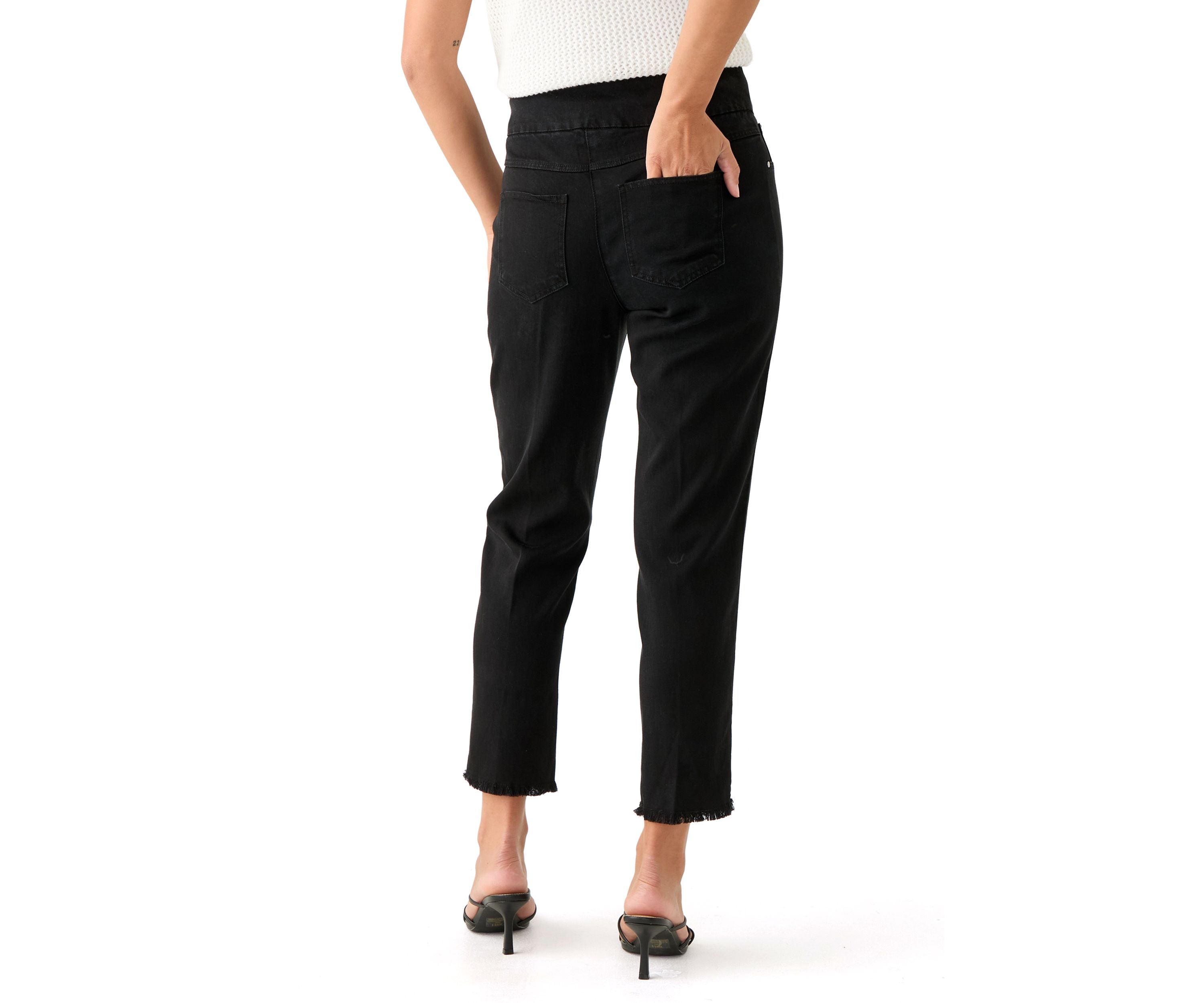 Petite Pull On Denim Pants with Fringe 