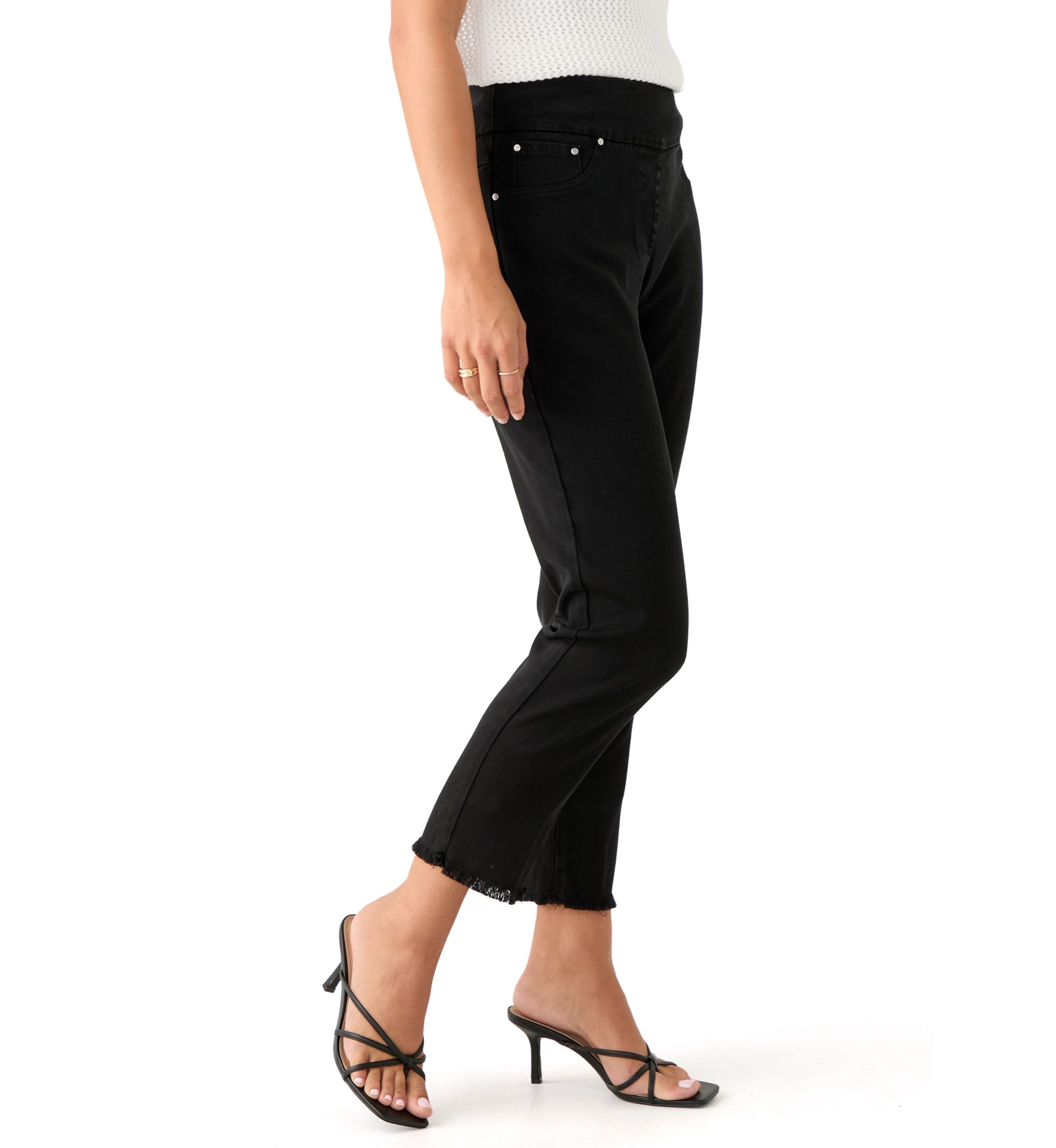 Petite Pull On Denim Pants with Fringe 