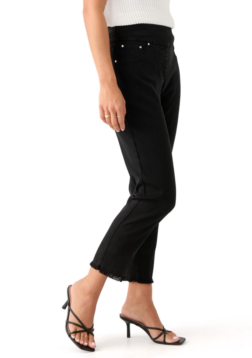Petite Pull On Denim Pants with Fringe 