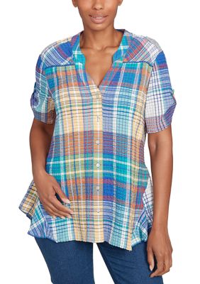 Ruby Rd Women's Petite Crinkle Knit Plaid Button Down T-Shirt, PM