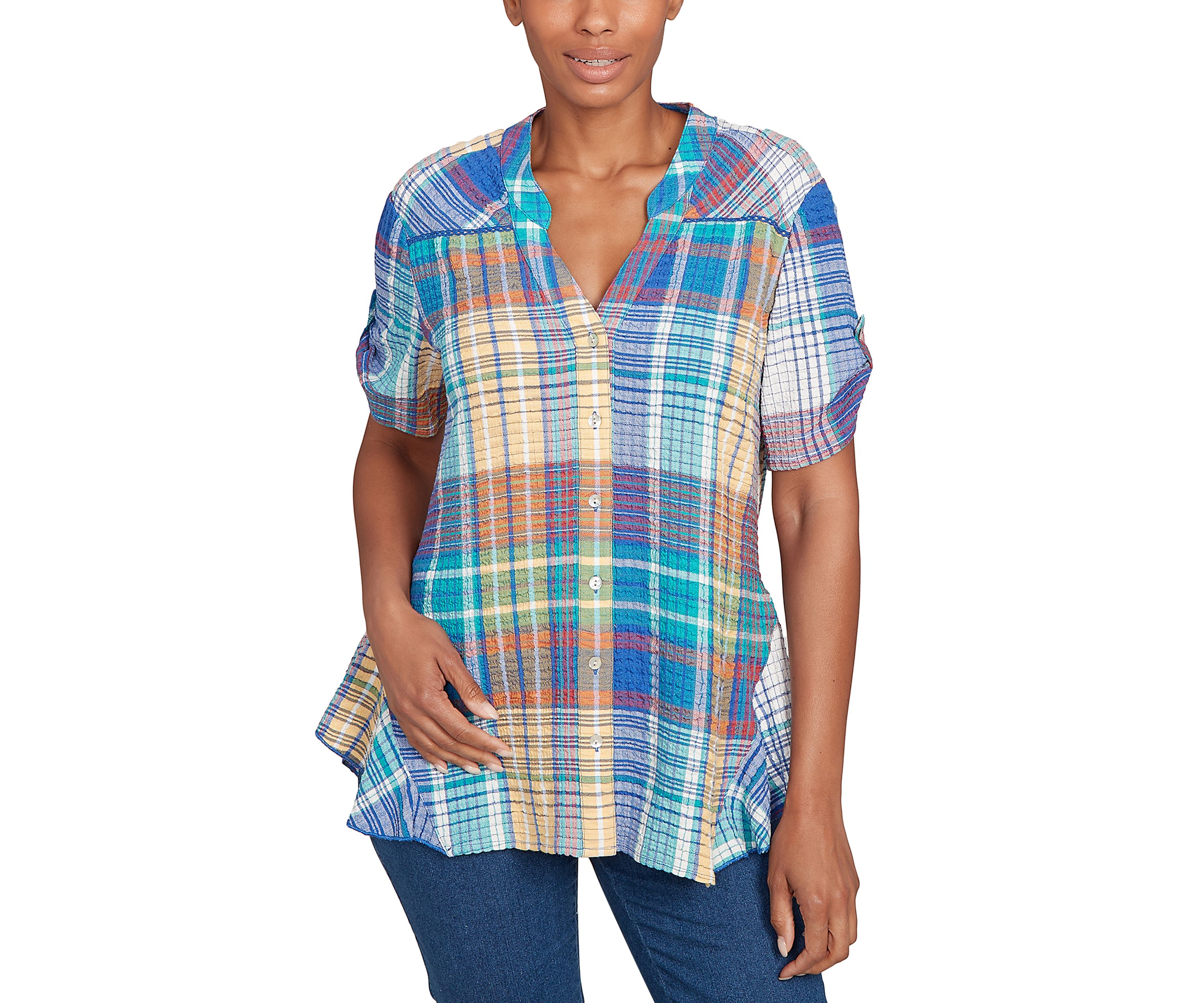Petite Crinkle Knit Plaid Button Down T-Shirt