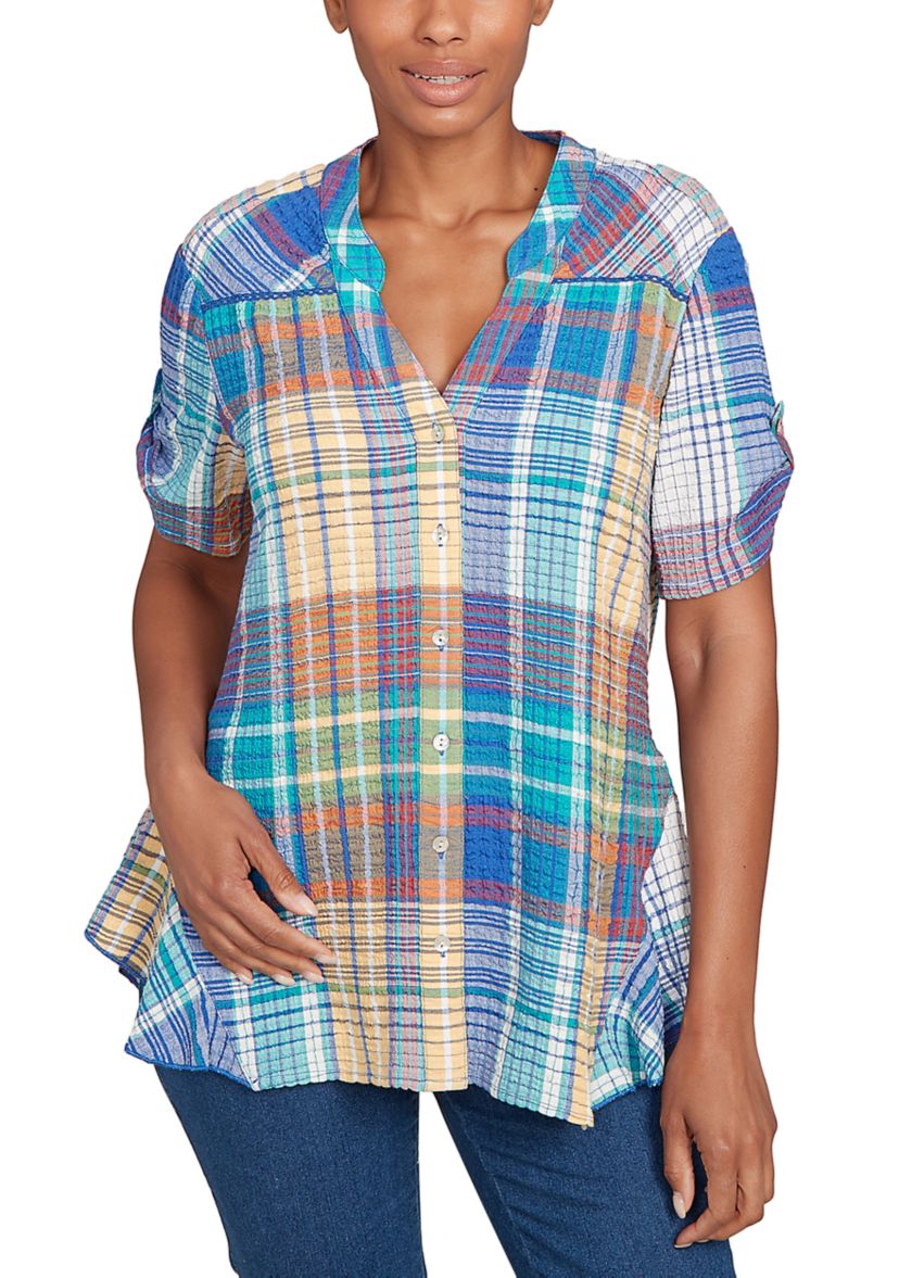 Petite Crinkle Knit Plaid Button Down T-Shirt