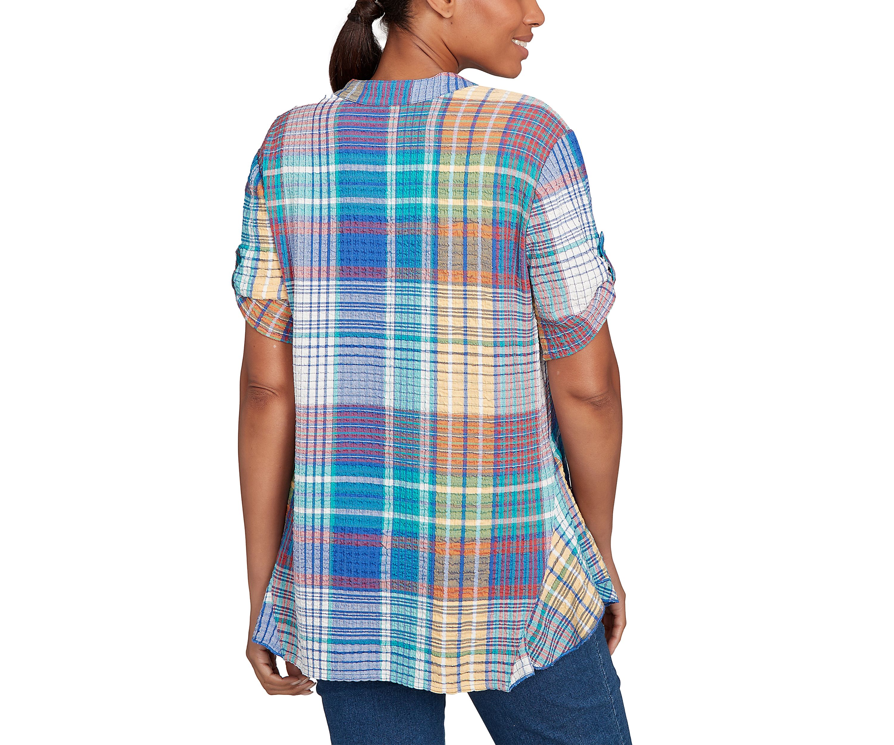 Petite Crinkle Knit Plaid Button Down T-Shirt