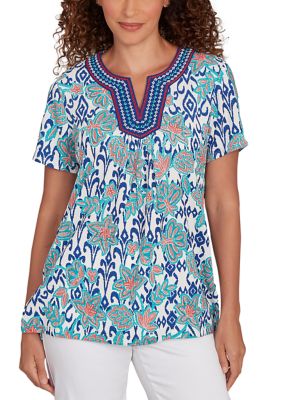 Ruby Rd Women's Petite Floral Overlay Ikat Embroidered T-Shirt